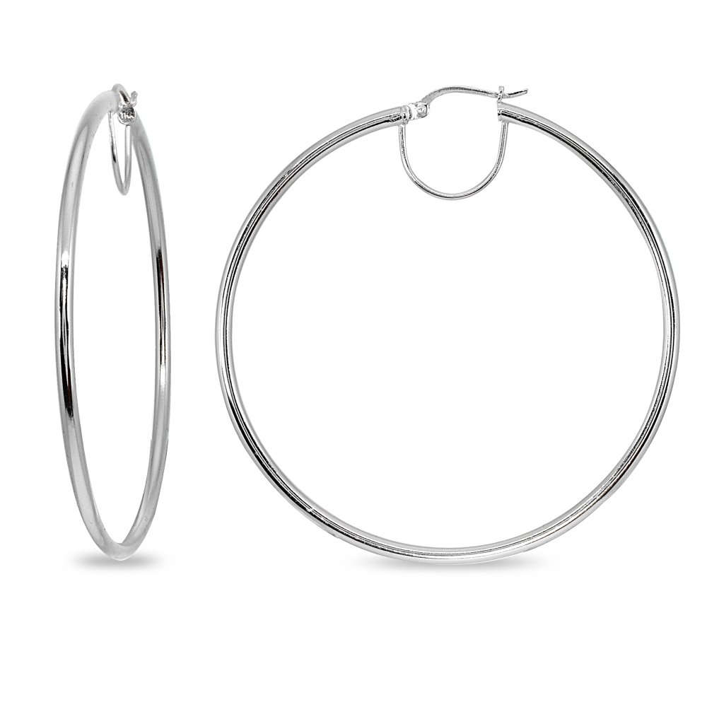 Sterling Silver Polished Round Large Hoop Earrings for Women - 2x50mm to 70mm Diameter - Elegant Everyday Jewelry for Work, Party & Special Occasions