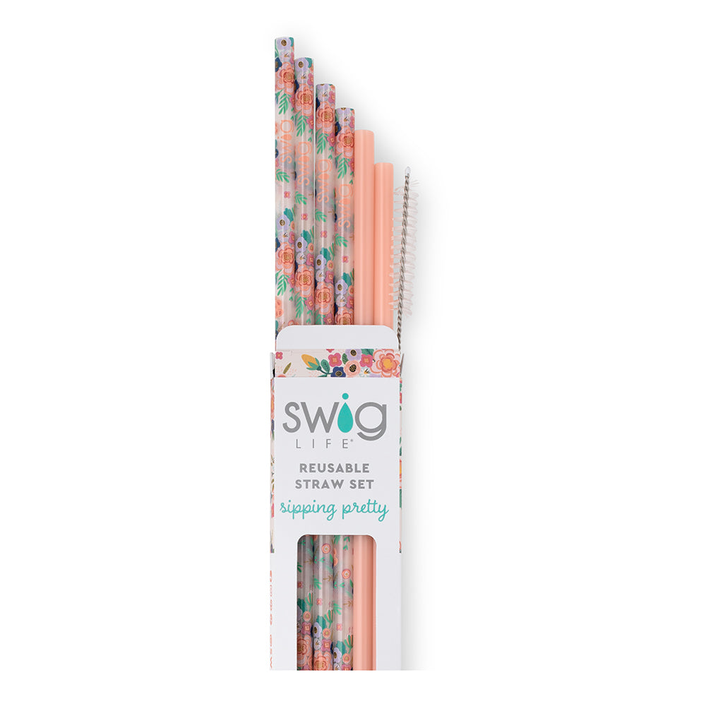 Eco-Friendly Full Bloom & Coral Reusable Straw Set - 4 Pack BPA-Free Stainless Steel Drinking Straws with Cleaning Brush for Smoothies, Iced Coffee & Cocktails at Home or Travel