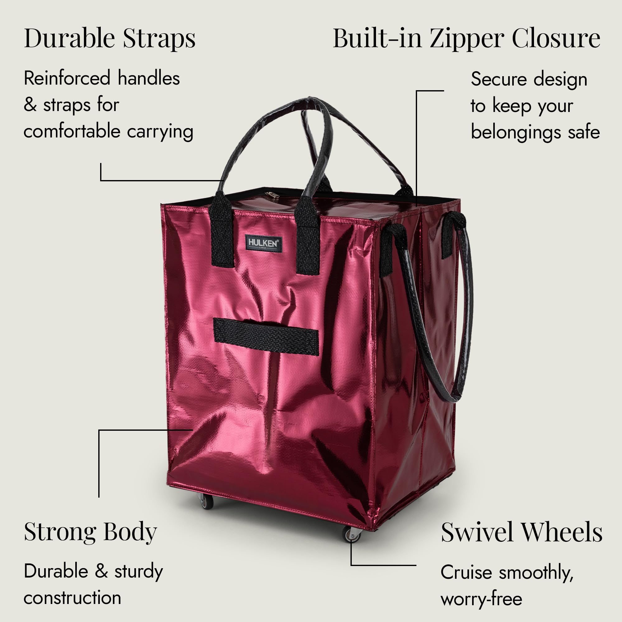Large Cosmic Red Reusable Grocery Bag with Wheels - Heavy Duty Shopping Trolley & Rolling Tote with Zipper Closure - Lightweight Foldable Design Holds 66 lbs - Unbreakable Handles - Perfect for Supermarket, Farmers Market & Travel