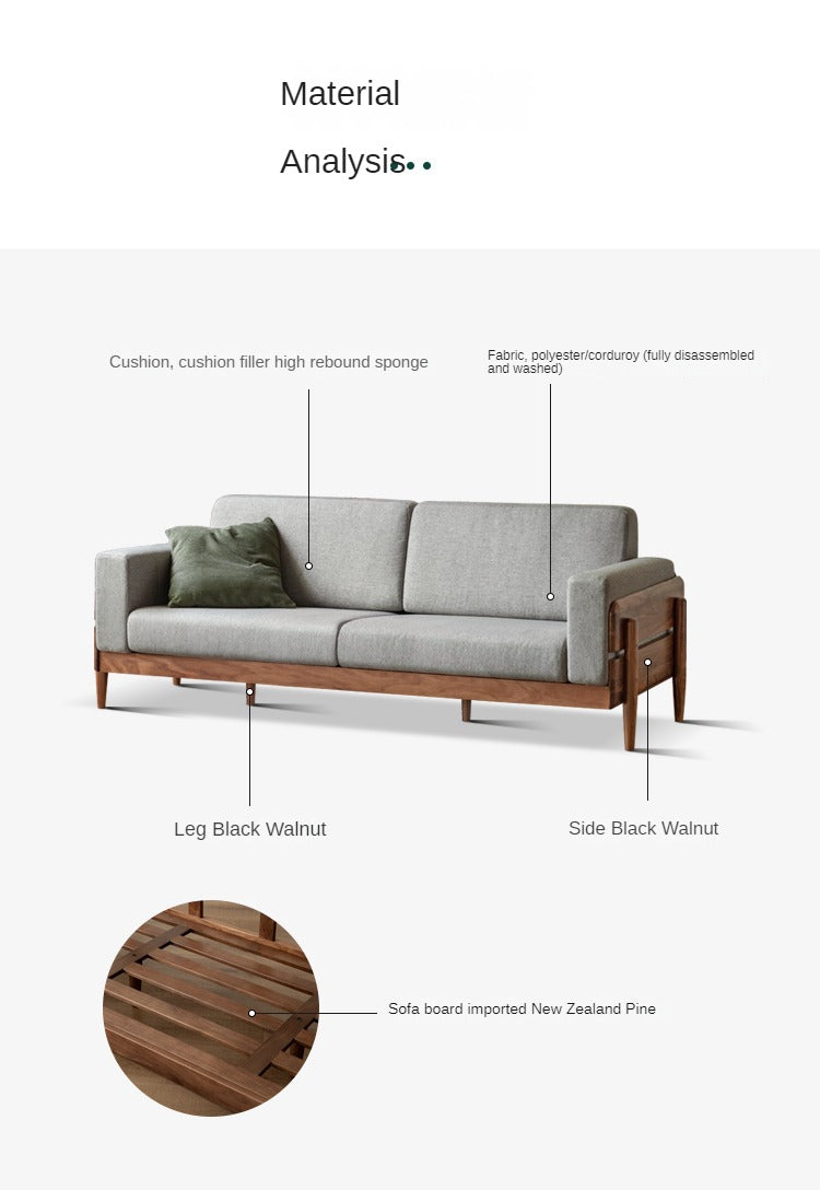 Premium Black Walnut Solid Wood Upholstered Fabric Sofa - Modern Living Room Furniture for Home, Office & Lounge Comfort
