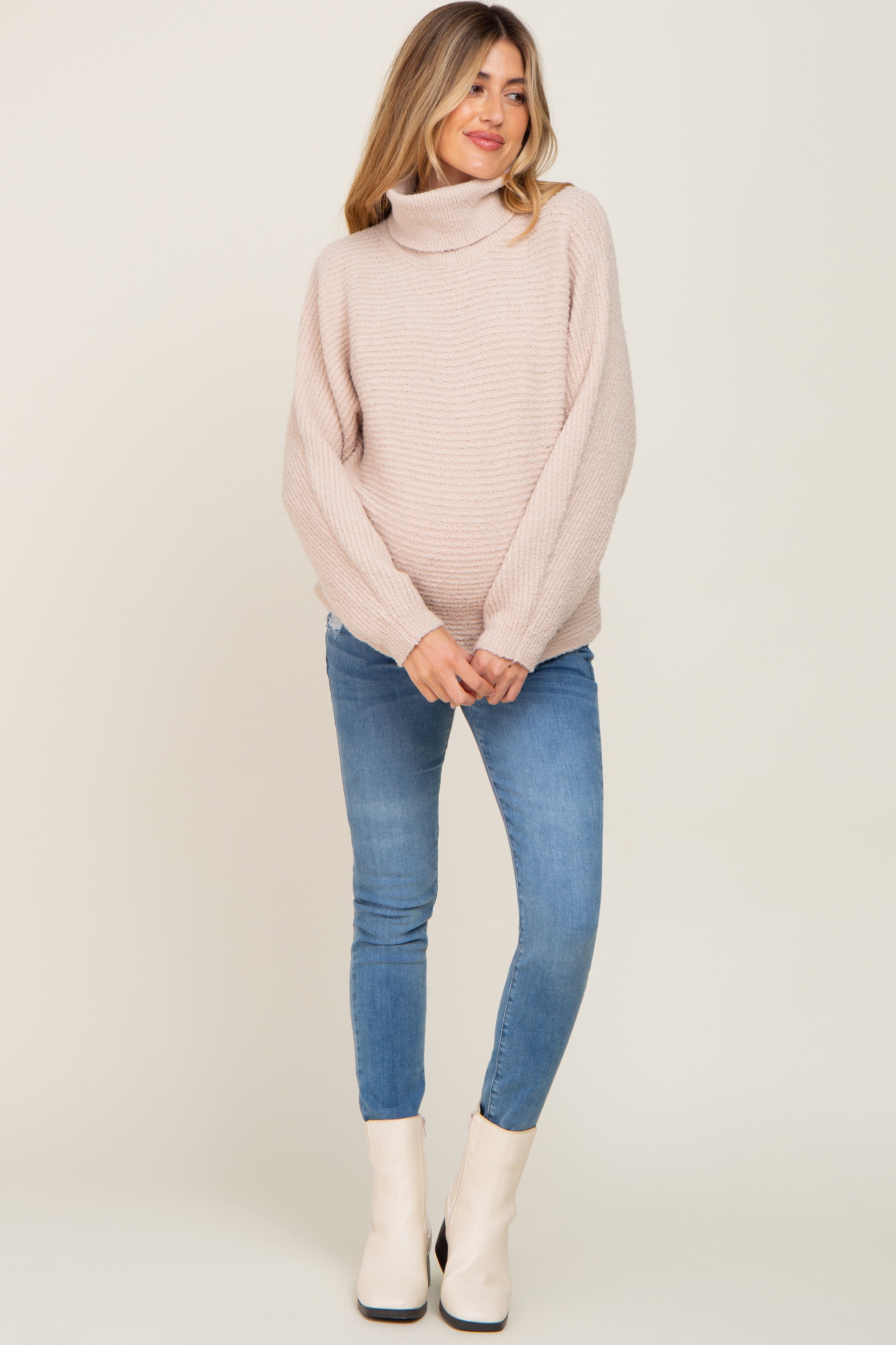 Beige Ribbed Turtleneck Cropped Maternity Sweater for Women - Soft Stretch Pregnancy Top for Fall & Winter - Perfect for Office, Date Night & Maternity Photos