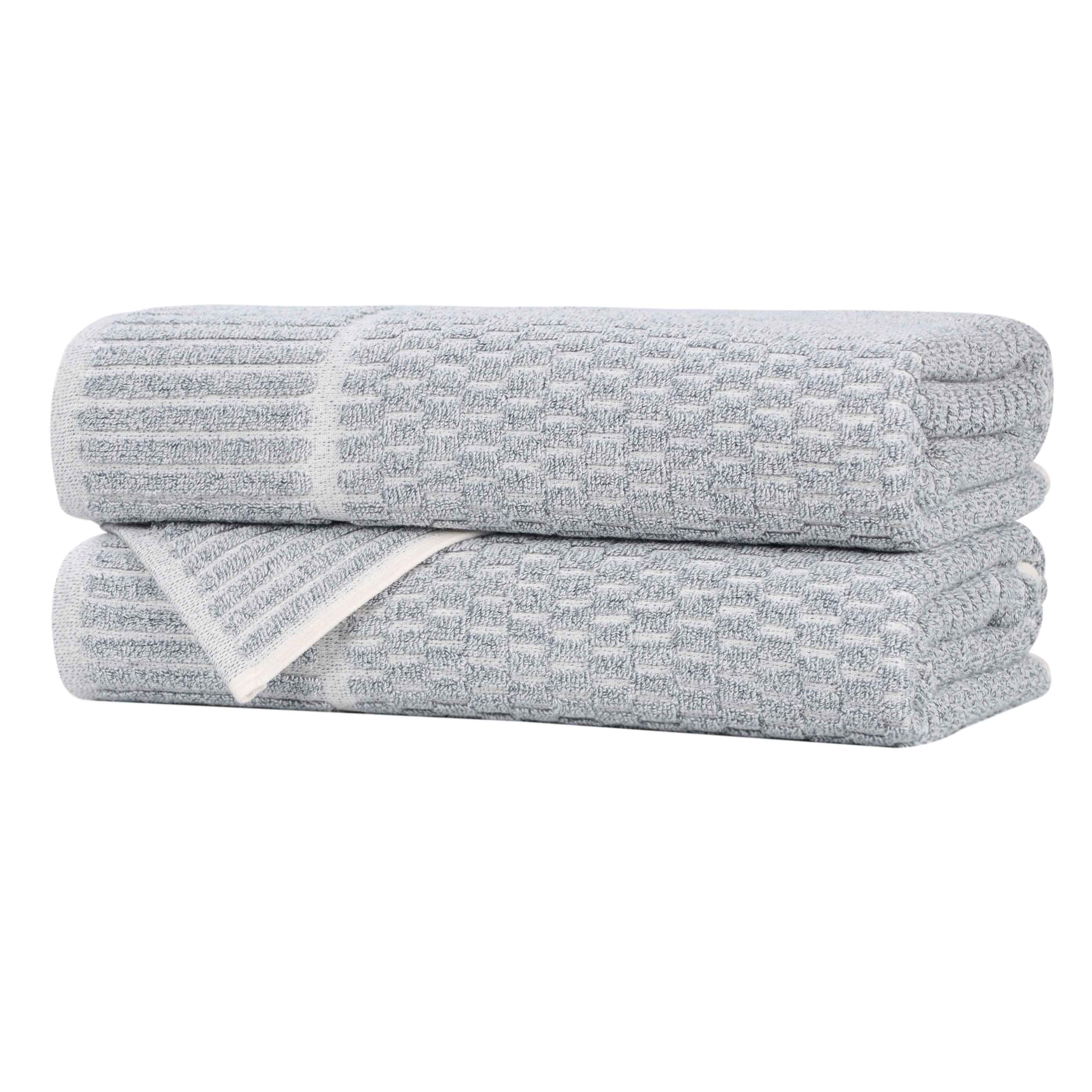 Premium Cotton Blend Checkered Border Bath Towels Set of 2 - Soft, Absorbent & Quick-Drying Medium Weight Towels for Bathroom, Spa, Gym & Beach Use