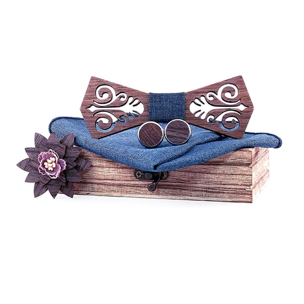 Elegant Wooden Bow Tie with Floral Pattern & Handkerchief Cufflinks Set - Gentleman's Gift Box (12x4.5cm) - Perfect for Weddings, Proms and Formal Events