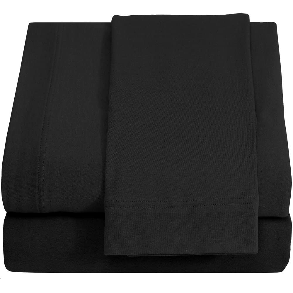 Breathable 100% Cotton Twin XL Sheet Set - Cooling Jersey Knit Bed Sheets for Dorm, Hospital & Split King Beds - Ultra Soft with Deep Pockets - Black Bedding for Comfortable Sleep & Hot Sleepers