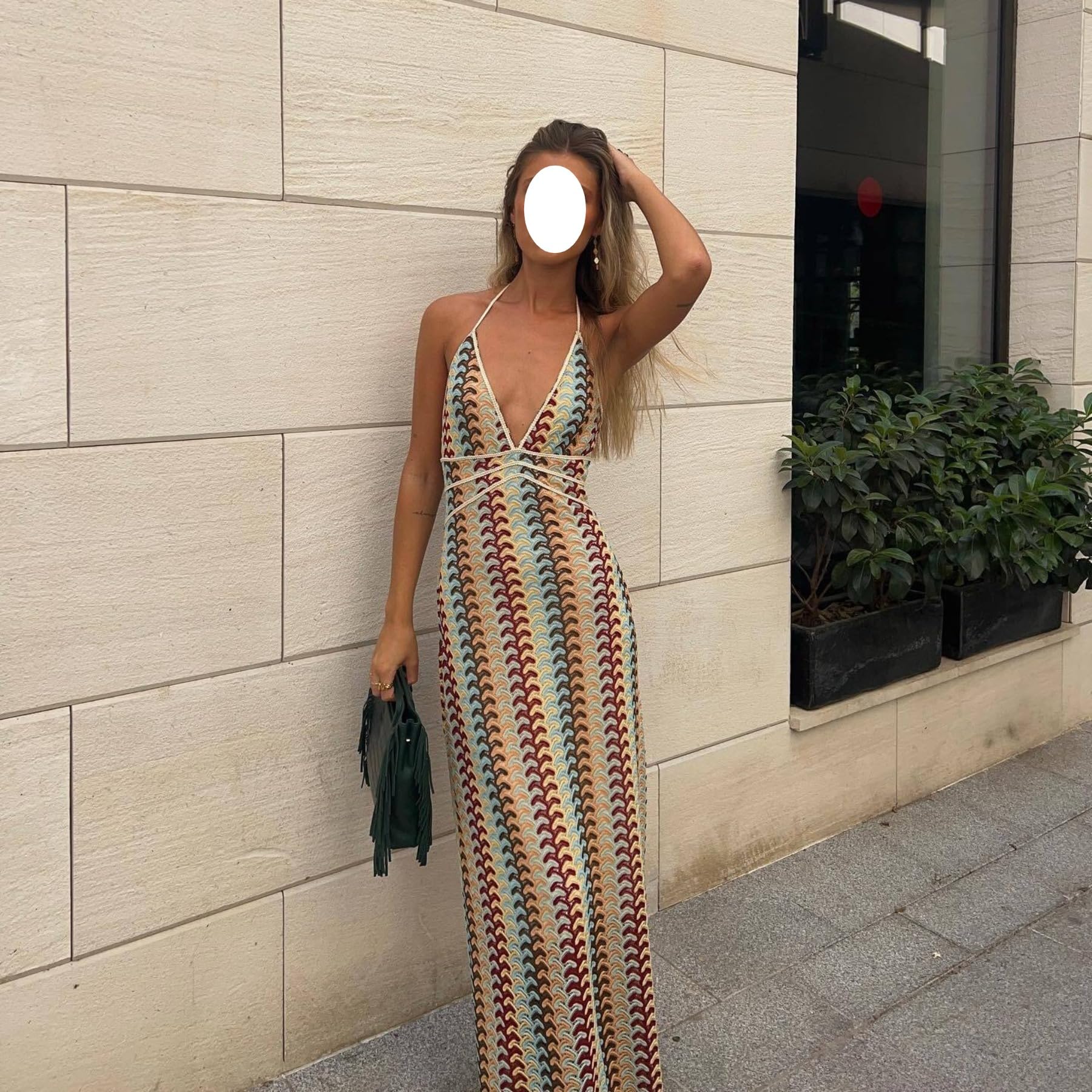 Crochet Beach Cover Up Dress - Women's Halter Maxi Dress with V Neck & Backless Design for Summer Vacation, Pool Party, and Beach Outings
