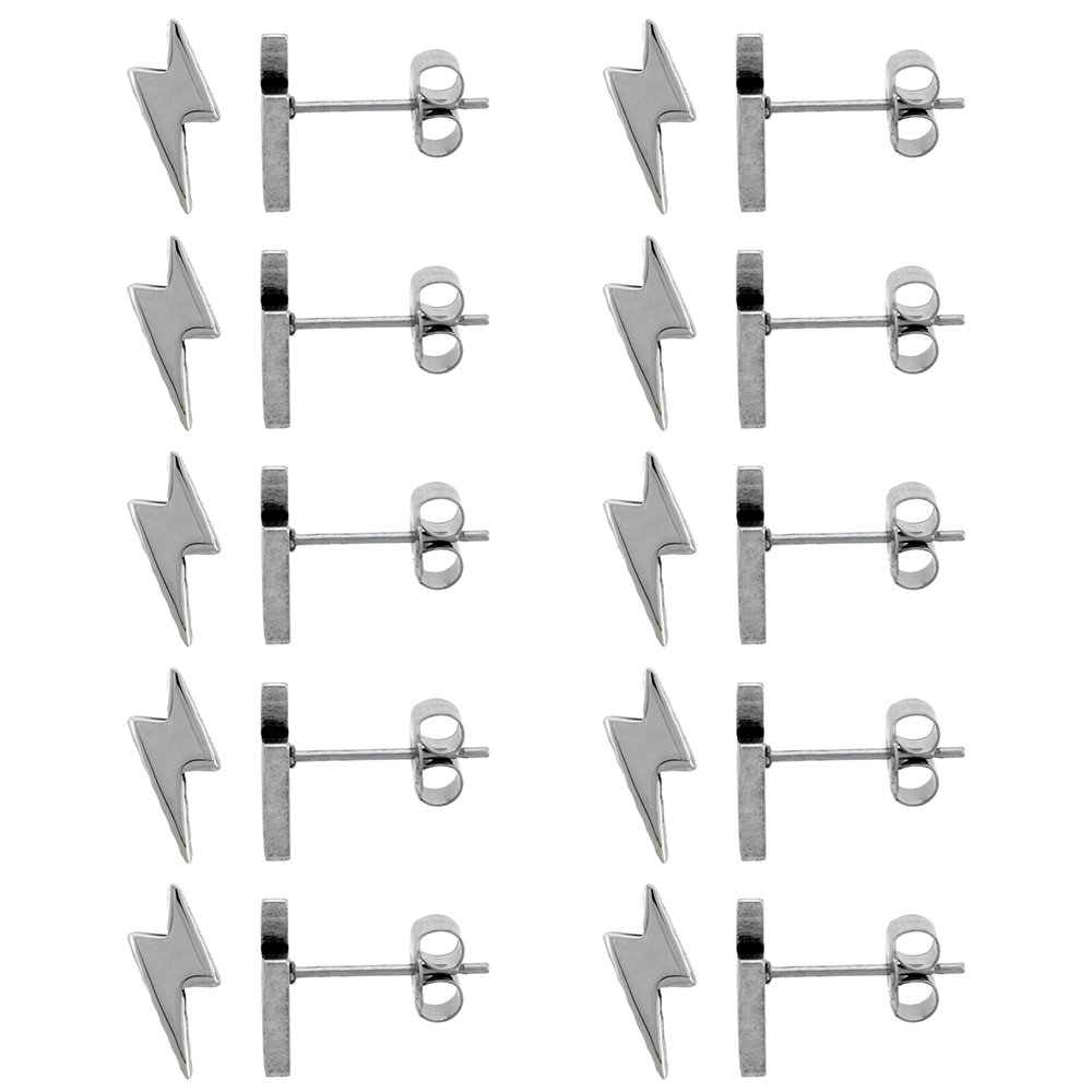 Stainless Steel Lightning Bolt Stud Earrings - 1 to 10 Pack (3/8 Inch) - Hypoallergenic & Durable for Everyday Wear, Gifts, and Punk Fashion Accessories