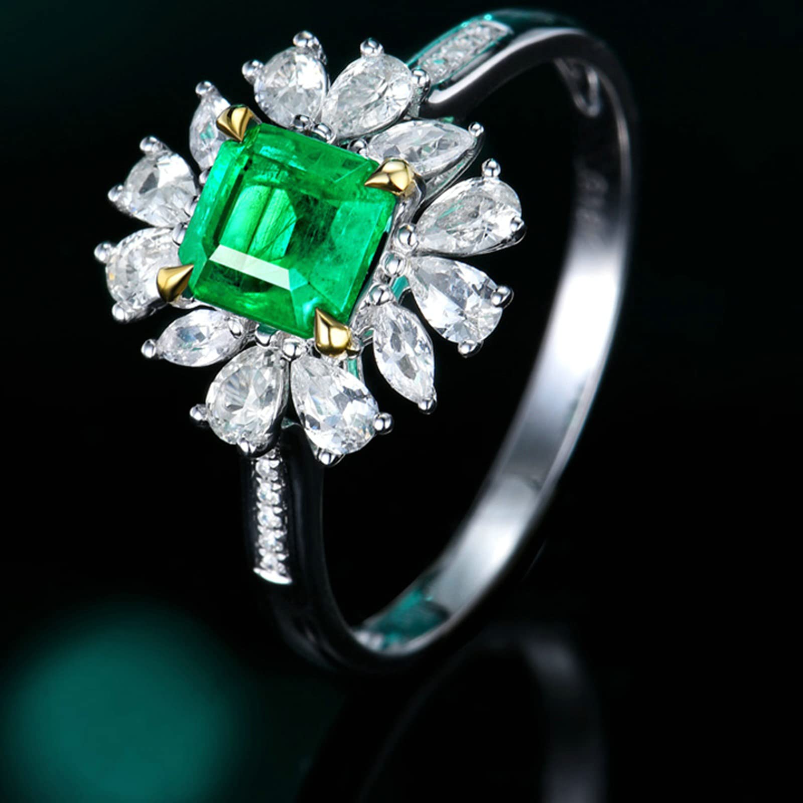 18K White Gold & 925 Sterling Silver Women's Rings - Emerald Moissanite/Zirconia Wedding & Engagement Rings for Women - Elegant Marriage Jewelry for Brides, Anniversaries & Special Occasions