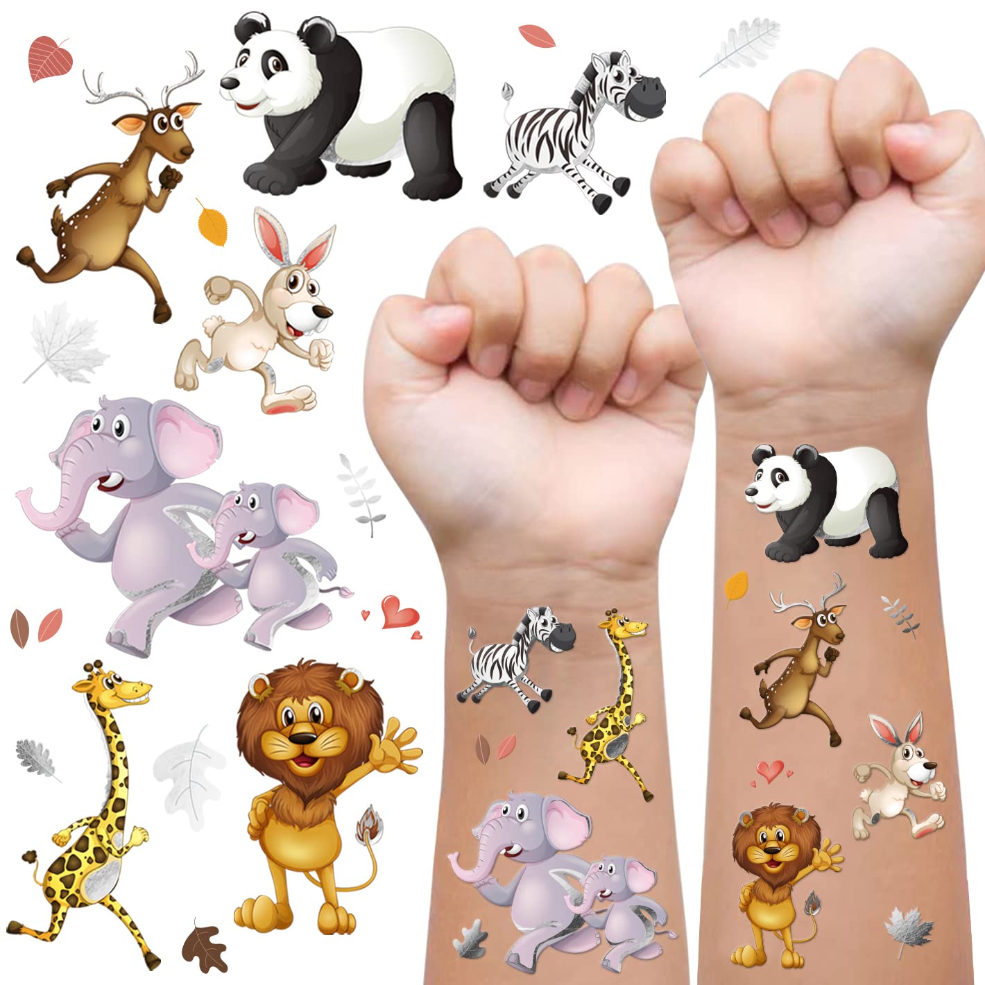 Glitter Tattoos for Kids - Jungle Animal Themed (Giraffe, Panda, Lion, Zebra, Elephant) - Silver Style Temporary Tattoos - Perfect for Birthday Parties, Baby Showers & Safari Themed Events