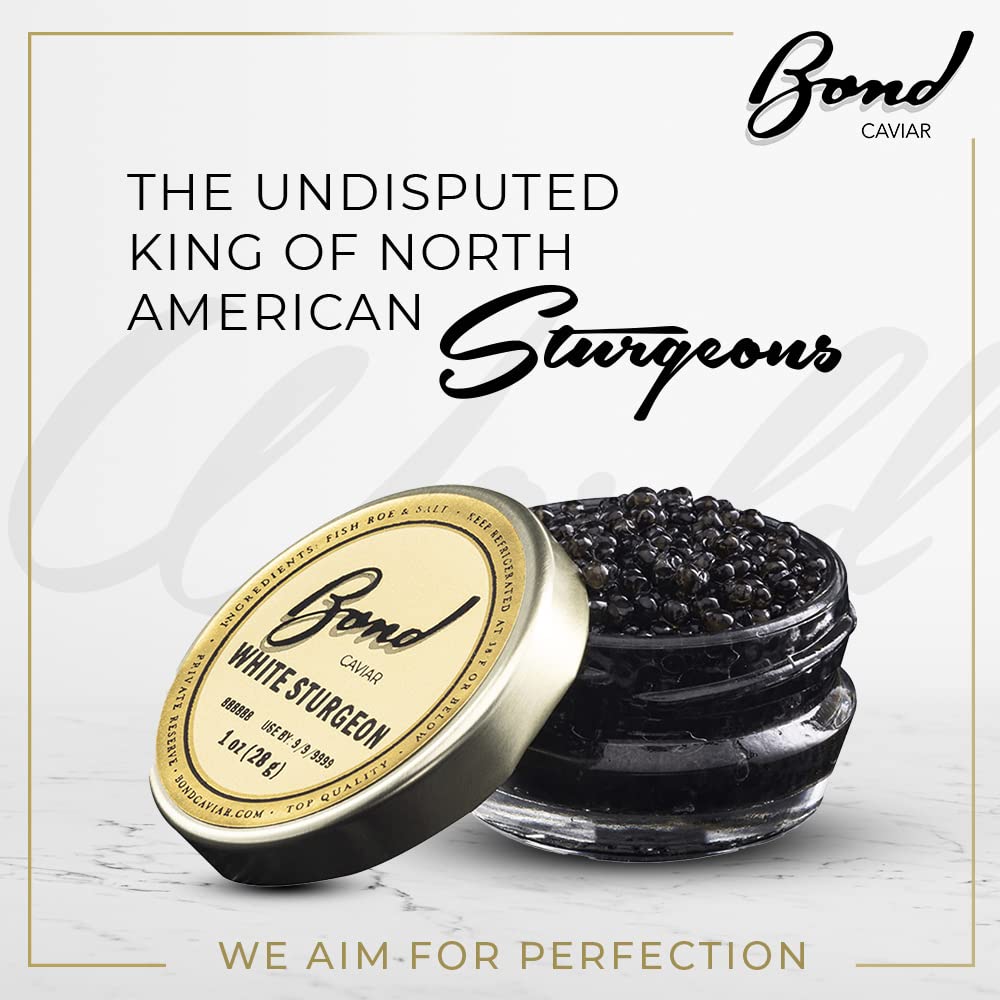 Premium White Sturgeon Caviar - Gourmet Black Caviar Roe with Glossy Golden Pearls, Malossol Sea Salt Cured - 1oz (28g) Glass Jar - Luxury Gift for Holidays, Weddings & Fine Dining - Overnight Shipping Available