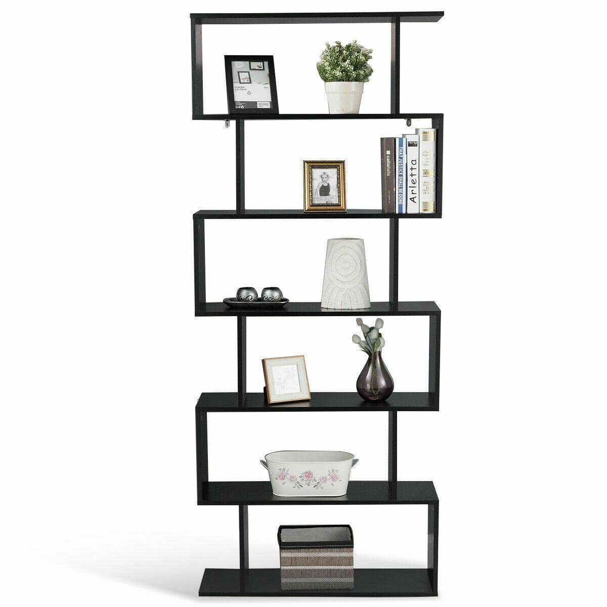 6 Tier S-Shaped Bookcase - Modern Z-Shelf Storage Display for Books, Magazines & Closet Organization - Black | Perfect for Living Room, Bedroom & Office Storage Solutions
