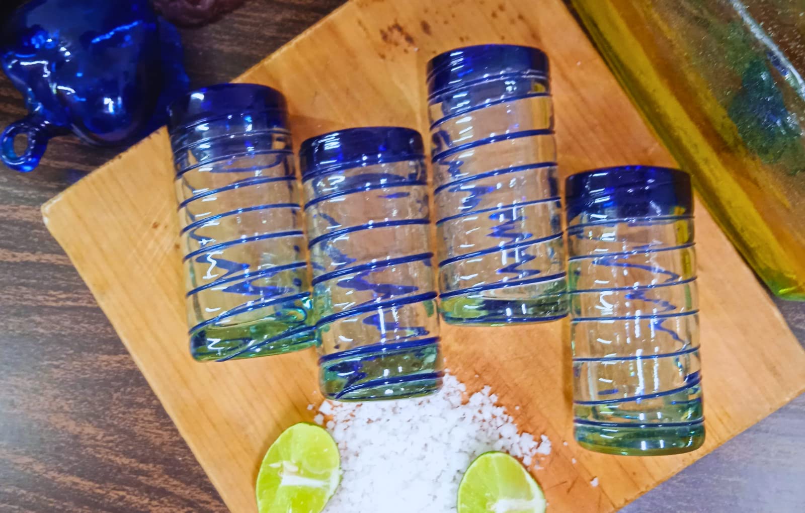 Authentic Mexican Tequila Shot Glasses Set - Hand Blown 2oz Tequila Glasses (4-Piece, Cobalt Blue Spiral Design) - Perfect for Parties, Cinco de Mayo Celebrations & Home Bar Decor