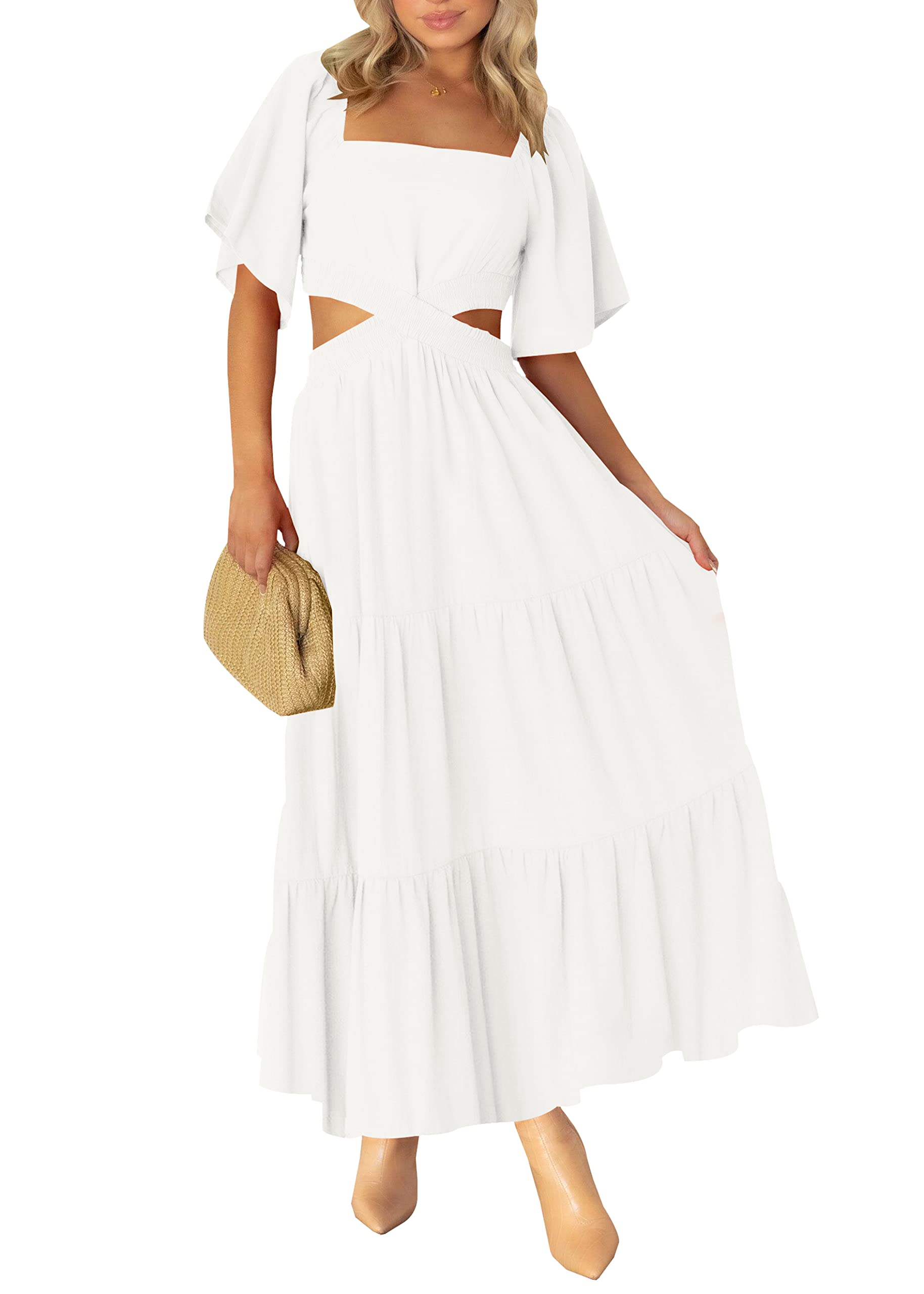 LEANI Women's 2025 Summer Cutout Maxi Dress - Square Neck Short Sleeve Crossover Waist Casual Party Dress for Beach Vacation, Wedding Guest & Evening Out