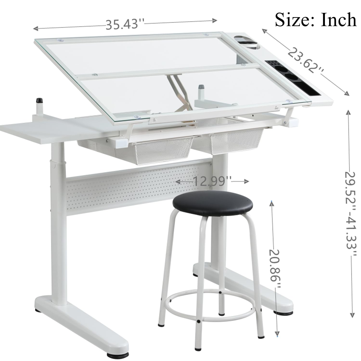 Upgraded Adjustable Height Glass Drafting Table with Hand Crank - Tilting Art & Craft Desk for Artists, Architects & Designers | Includes Stool, 2 Storage Drawers & Side Table | Perfect for Home Office, Studio & Creative Workspace (No.2-White)