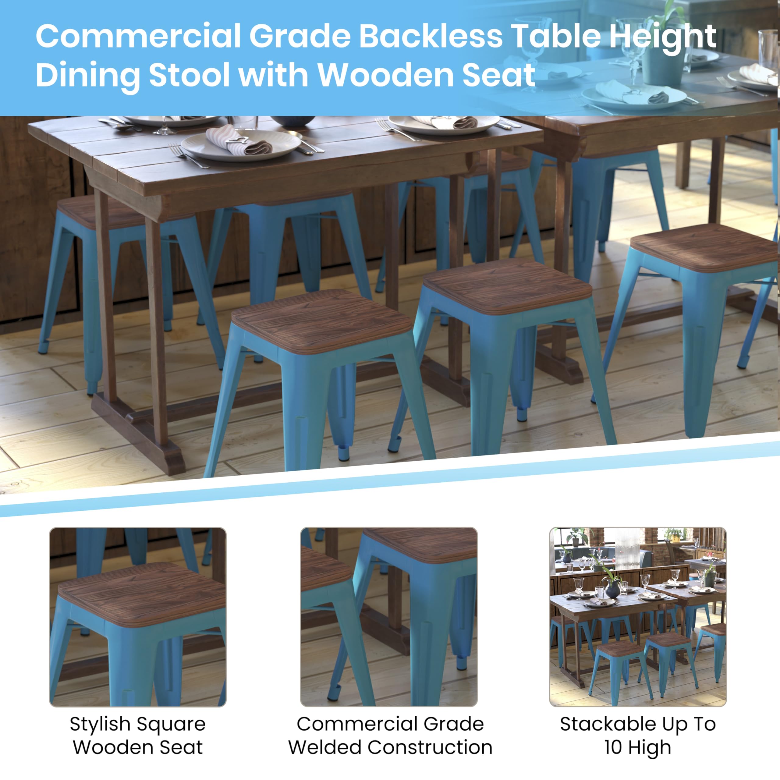 Commercial Grade Metal Dining Table Height Stool with Wooden Seat - Set of 4 Backless Teal Stackable Chairs 18