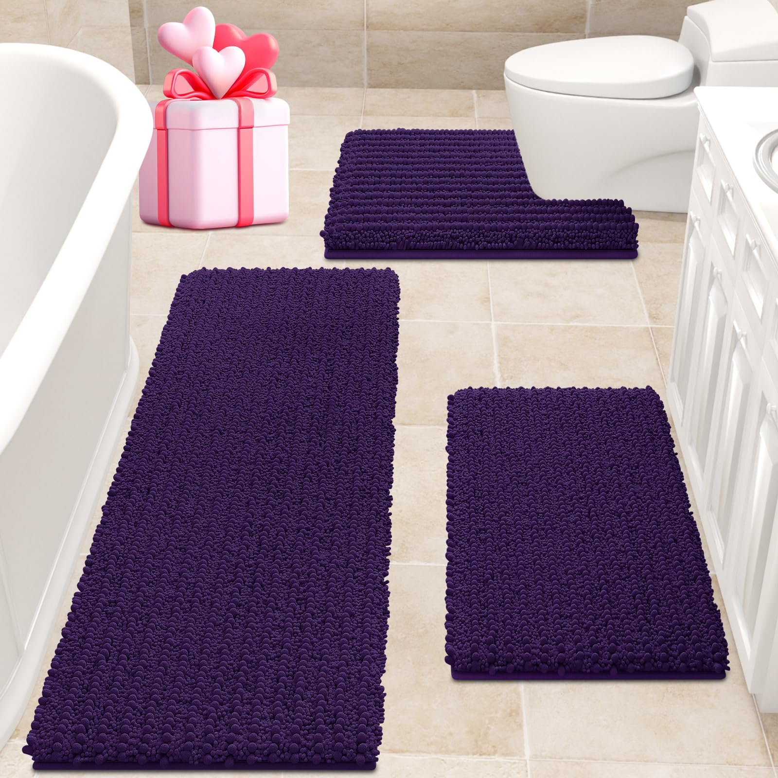ACCUMTEK Extra Large Dark Purple Bathroom Rug Set - 3 Piece Ultra Soft, Thick Absorbent Non-Slip Chenille Bath Mats for Bathroom, Bedroom & Kitchen | Perfect for High Traffic Areas & Luxury Home Decor