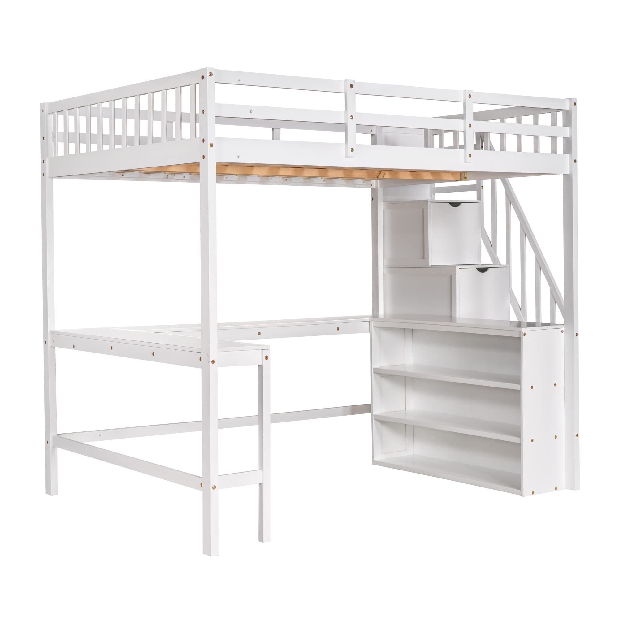 Full Size Loft Bed with L-Shaped Desk, Stairs & Storage Shelves - Space Saving Wooden Loft Bed Frame for Adults & Kids - Sturdy, Noise-Free White Loft Bed for Small Bedrooms, Dorms & Home Offices