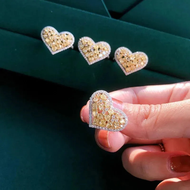 18K Solid Gold Heart Shape Ring with Real Yellow & White Diamonds - Elegant Fine Jewelry for Women, Trendy Party Wear, Anniversary Gift & Special Occasions