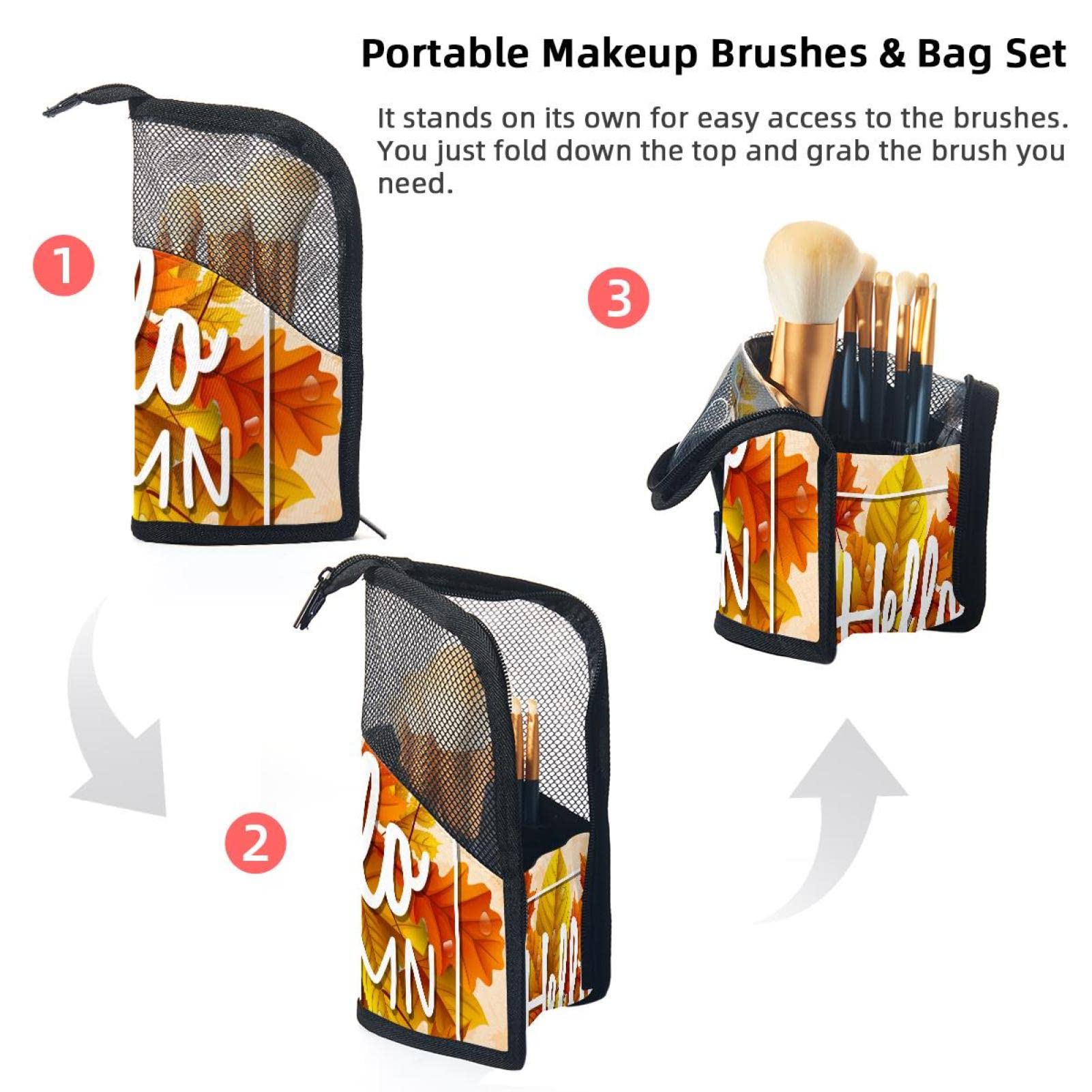 12-Piece Makeup Brush Organizer Bag with Hello Autumn Leaves Design - Portable Makeup Brush Holder Case for Travel & Home Storage | Perfect for Makeup Artists & Beauty Enthusiasts