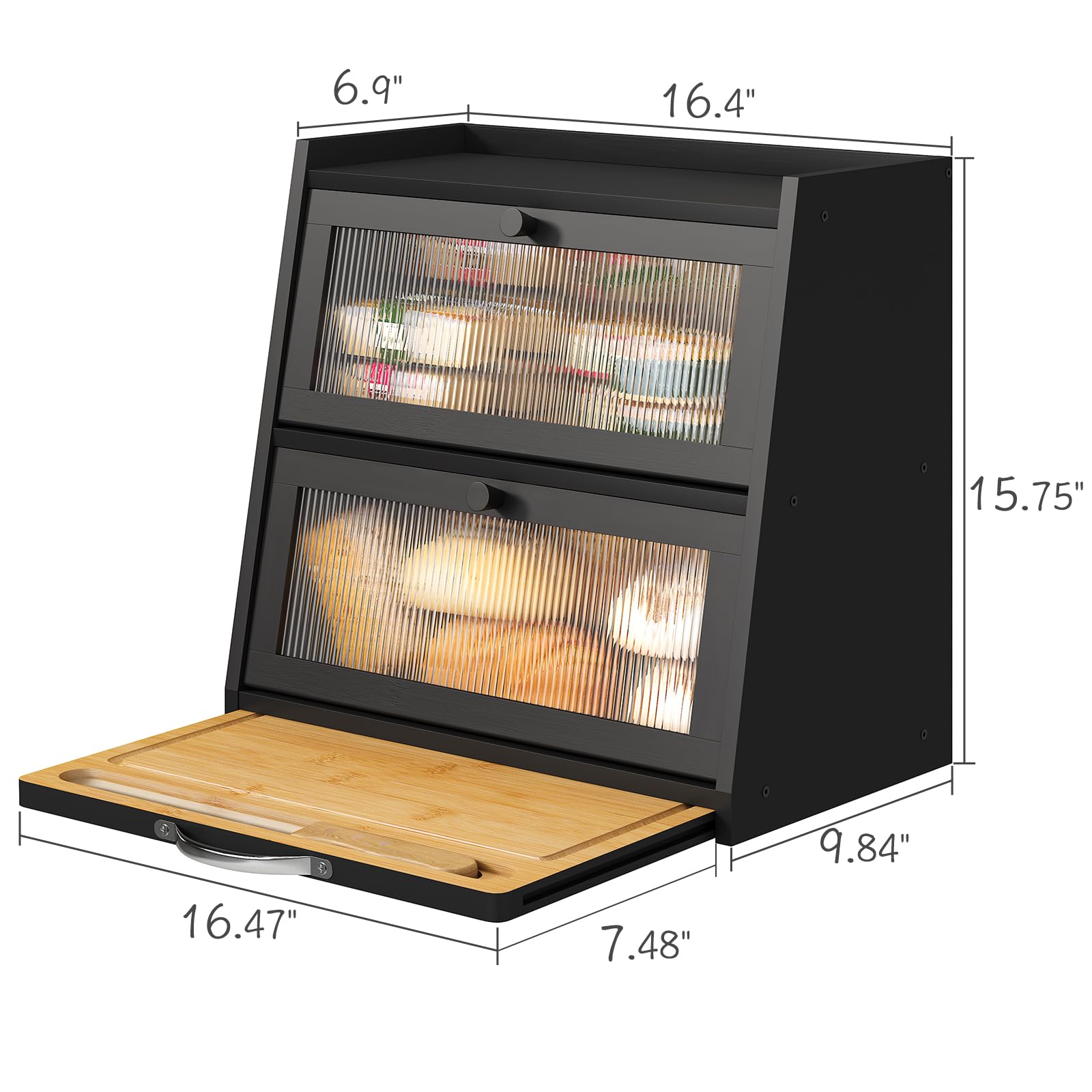 Black Bamboo Bread Box with Acrylic Wavy Door & Built-in Cutting Board - Large Capacity Kitchen Counter Bread Storage Bin for Fresh Bread, Baguettes, Pastries - Perfect for Bakeries, Restaurants & Home Kitchens