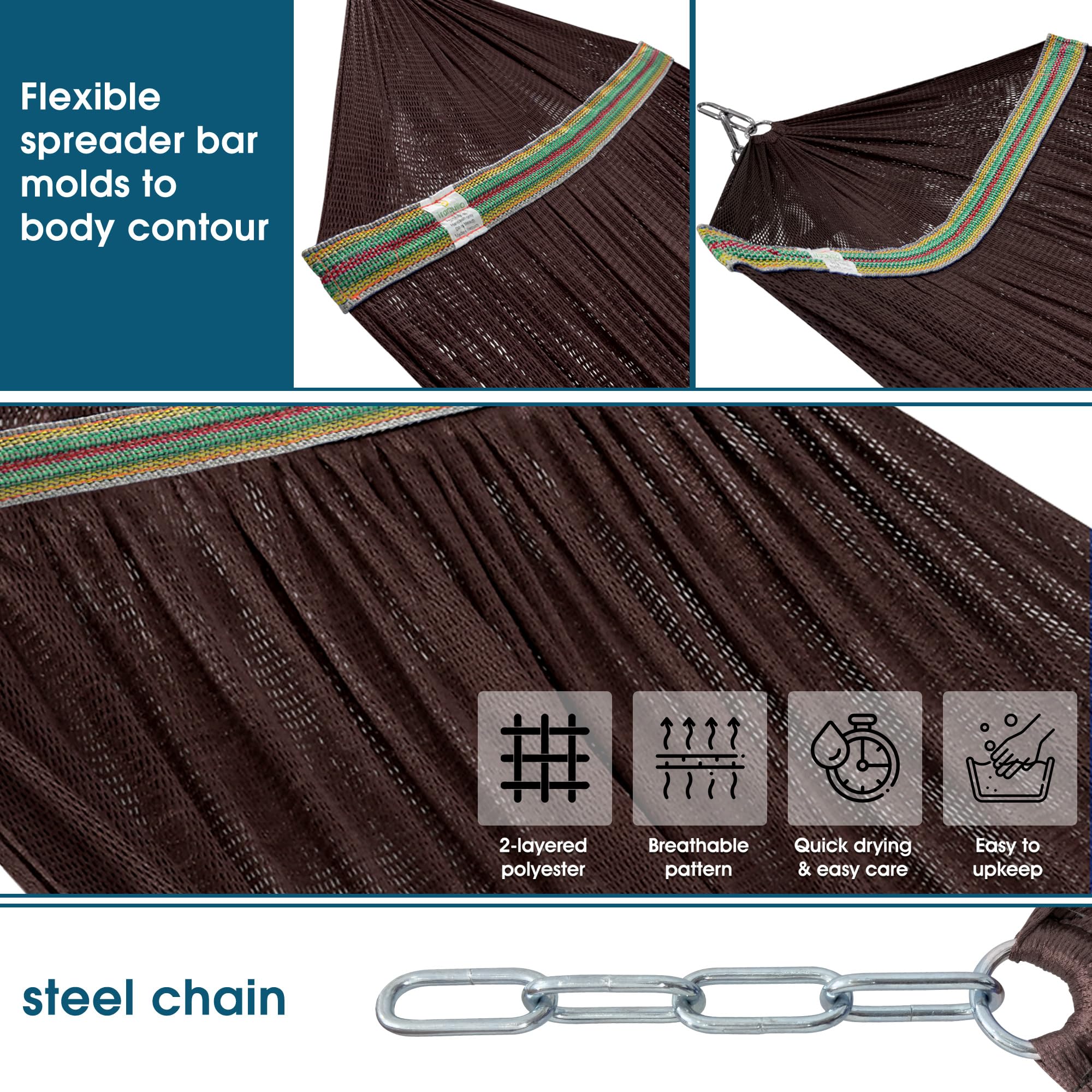Tranquillo Adjustable & Collapsible Hammock Stand with 600 lbs Capacity - Double Hammock for 2 Persons - 30 Second Assembly - Portable for Camping, Travel, Picnic, Balcony & Backyard (Brown) - Perfect for Outdoor Relaxation, Beach Lounging & Backyard Getaways