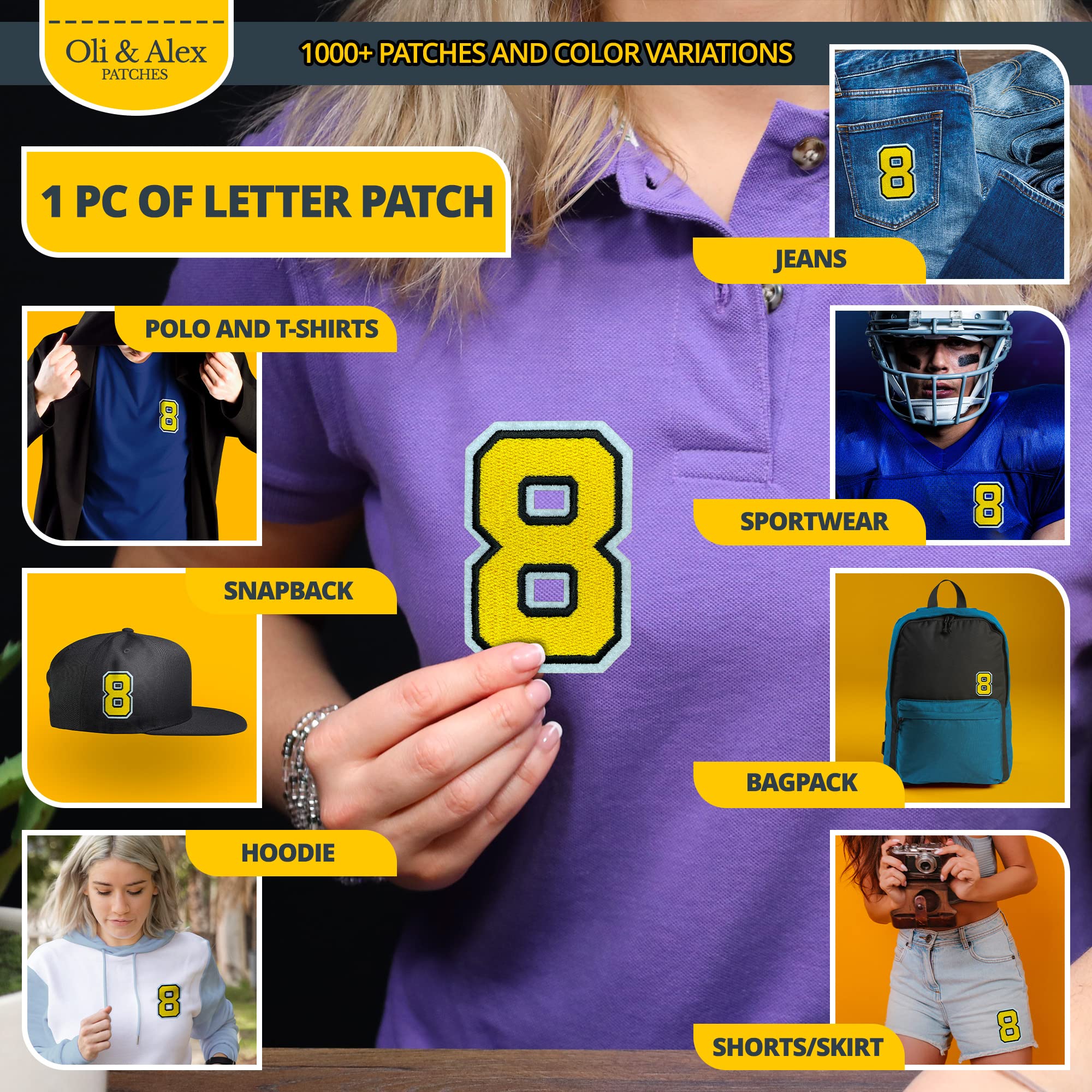 Yellow Iron On Patches - 8 Number Embroidered Applique for Clothes Repair & Decoration - No Sew Fabric Transfer - Super Glue Included | Perfect for DIY Jackets, Jeans, Backpacks & Costume Customization
