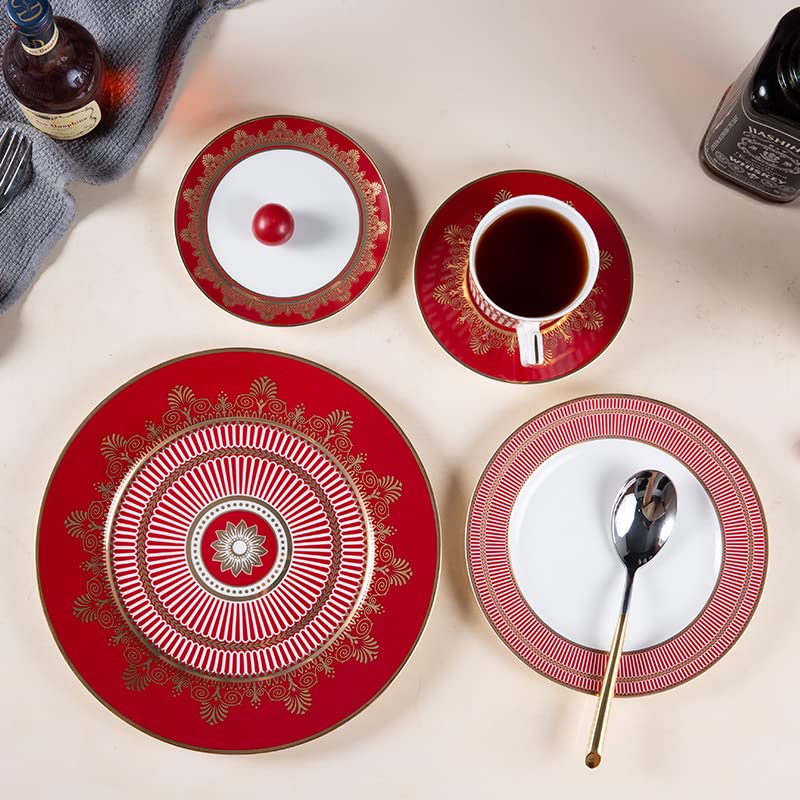 Premium 12-Piece Bone China Dinnerware Set for 4 - Elegant Red Plates, Bowls & Cups - Dishwasher & Microwave Safe Fine Porcelain Tableware - Perfect for Formal Dining, Wedding Gifts & Holiday Entertaining