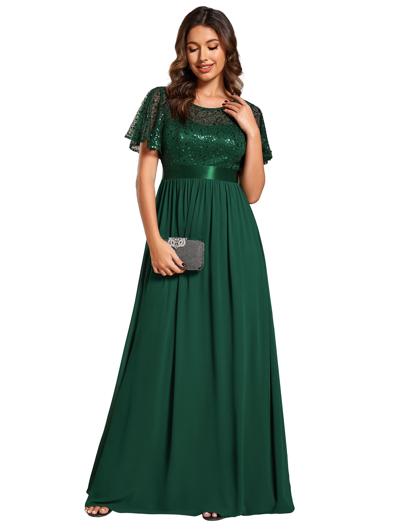 Ever-Pretty Women's A-Line Sequin Evening Gown with Crew Neck & Short Sleeves - Floor Length Semi-Formal Party Dress 02126 | Perfect for Prom, Wedding Guest, Cocktail Party & Special Occasions