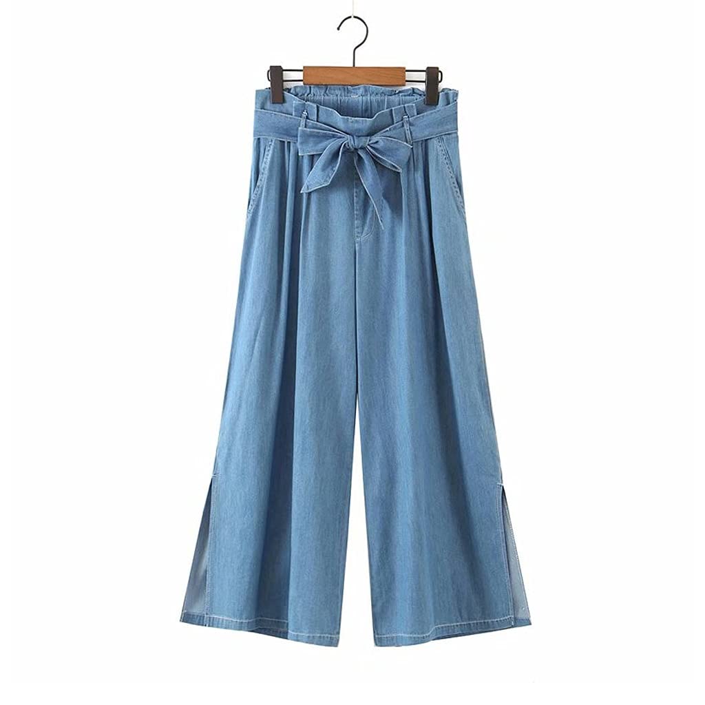 Women's High Waist Wide Leg Denim Pants - Summer Fashion Thin Jeans with Frill Bow Sashes, Ankle Length Loose Fit (Color: Blue, Size: XS) | Casual Outfits, Beachwear, Boho Style