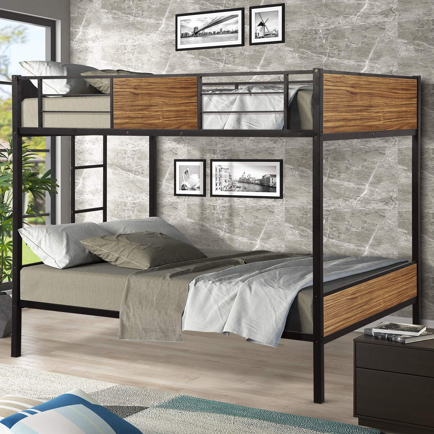 Full Over Full Metal Bunk Bed - Heavy Duty Steel Frame with Safety Rail & Built-in Ladder - Modern Black & Brown Bunk Bed for Kids, Teens, Dorm Rooms & Space-Saving Bedroom Solutions