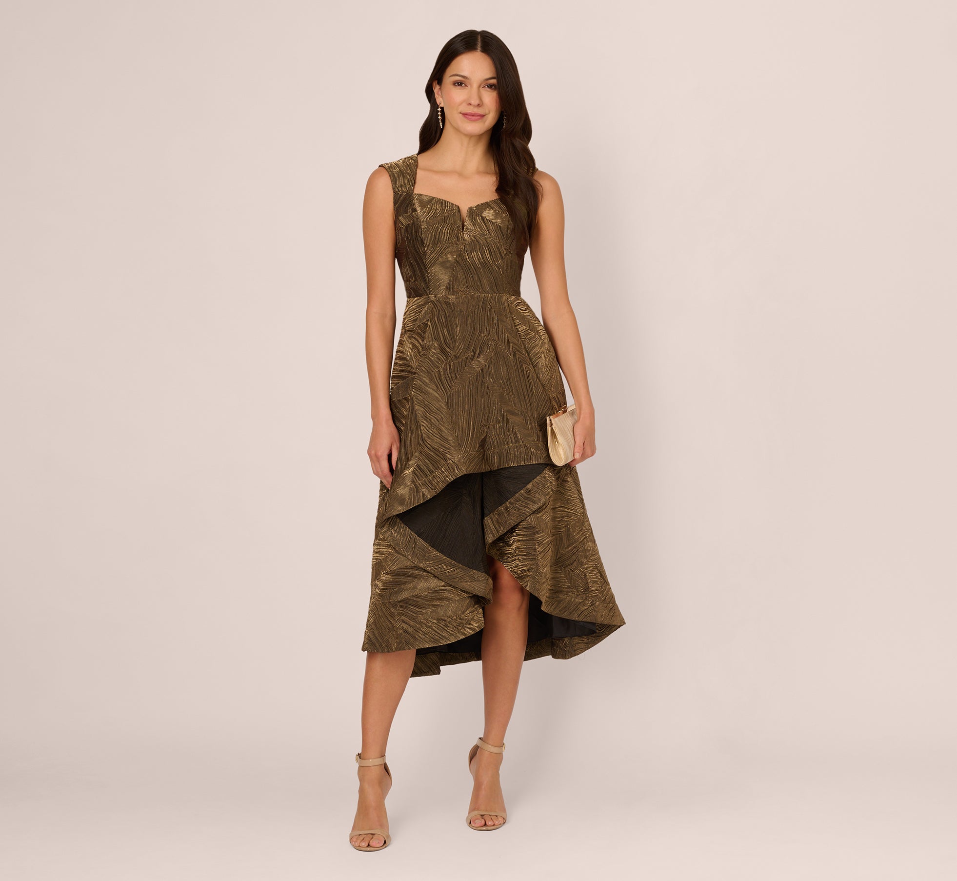 Textured Jacquard High-Low Dress with Notched Neckline in Metallic Gold - Perfect for Evening Parties, Weddings & Special Occasions