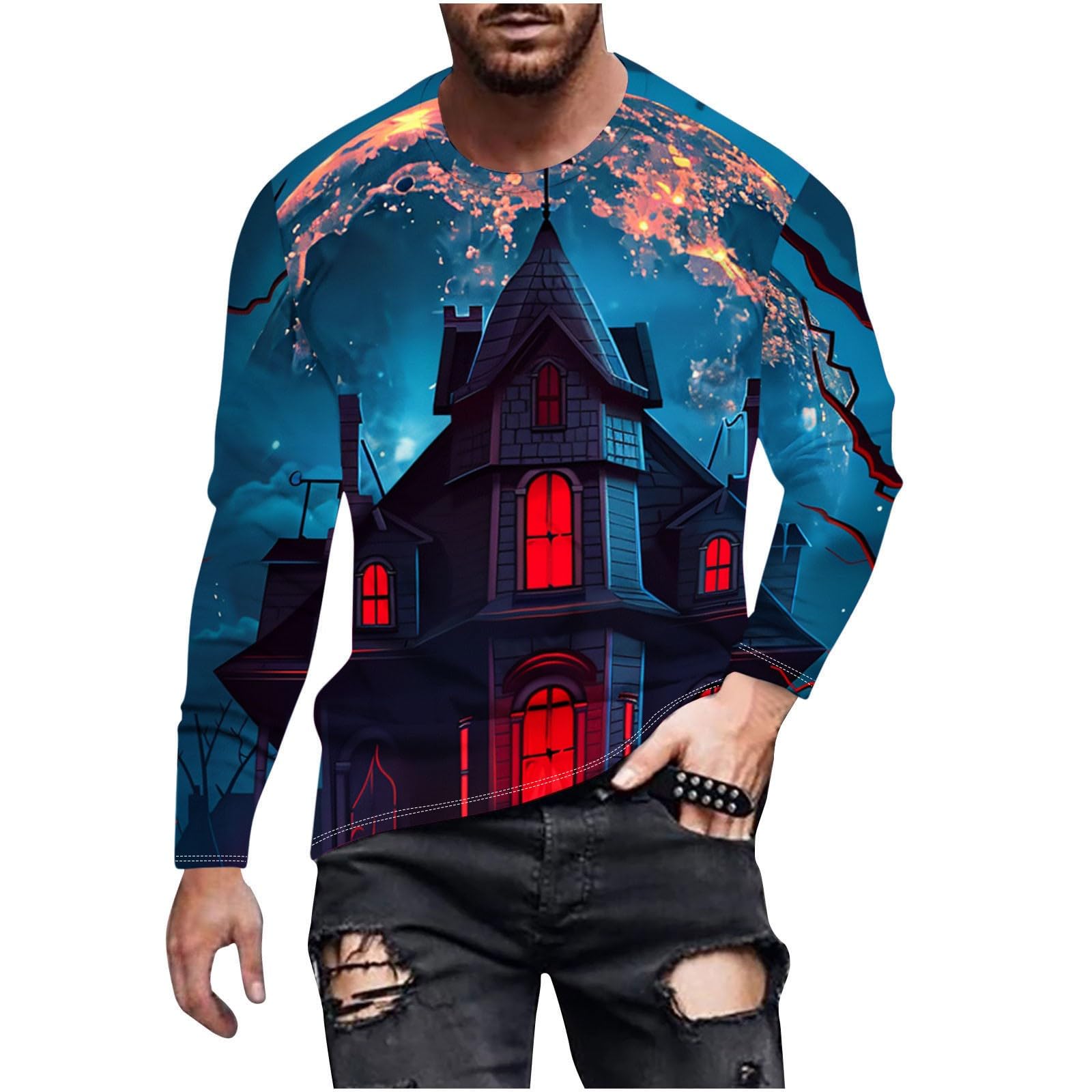 2024 Halloween Graphic T-Shirts for Men - Funny Long Sleeve Novelty Tees | Trendy Streetwear Top for Costume Parties & Casual Wear