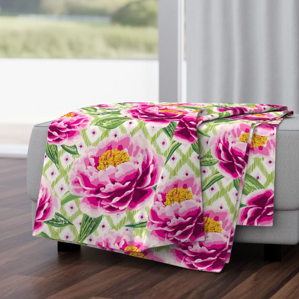 Soft Plush Minky Throw Blanket 50x70 Inches - Vibrant Peony Floral Design in Lime Pink & Green | Cozy Home Decor for Bed, Sofa & Gift Giving