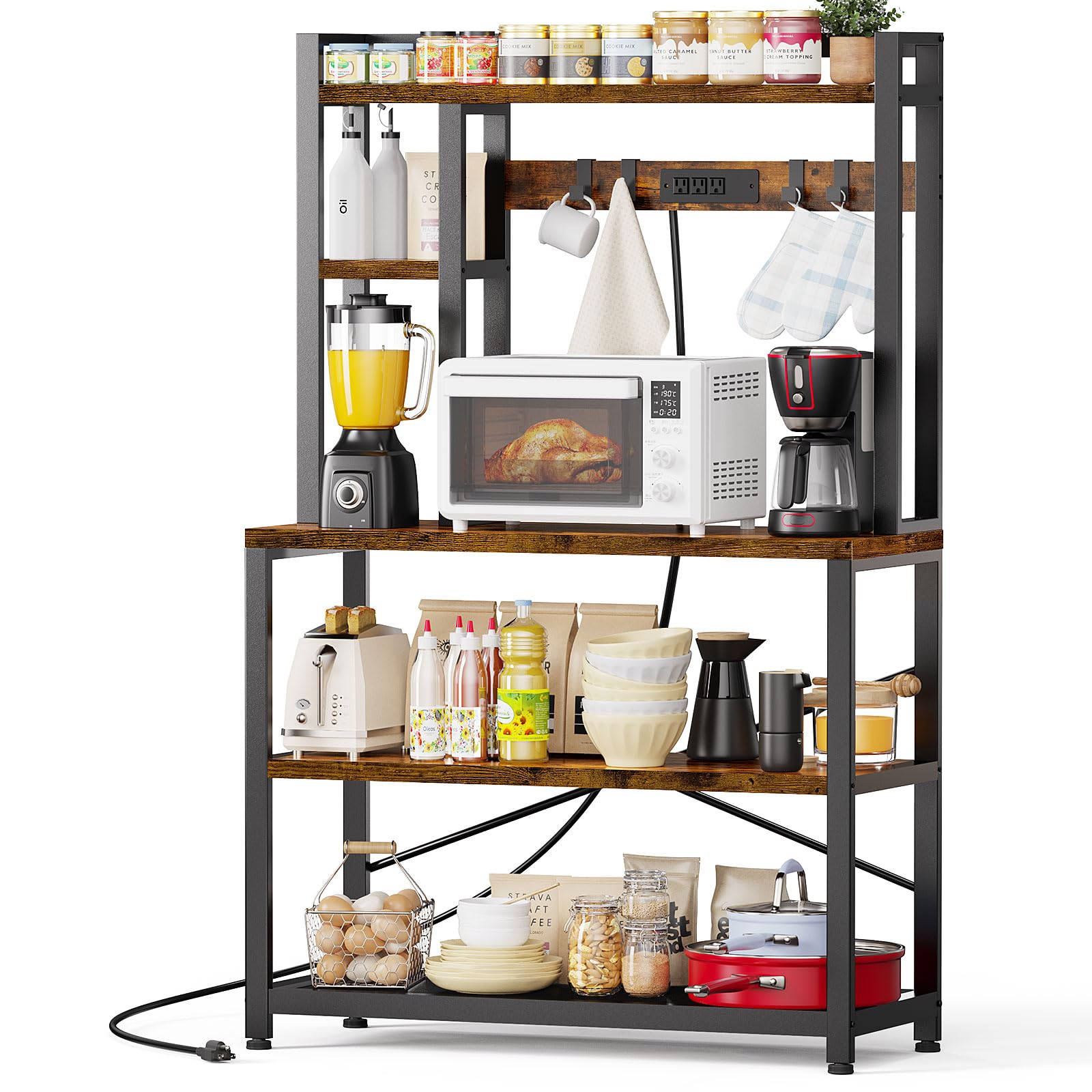 EasyCom 31.5 Inch Bakers Rack with 3 AC Power Outlets - Microwave Stand with Ventilated Mesh Shelf for Vegetables - Coffee Cart with 4 Z-Shaped Hooks - Rustic Brown Kitchen Island Organizer for Coffee Bar, Pantry & Small Space Storage