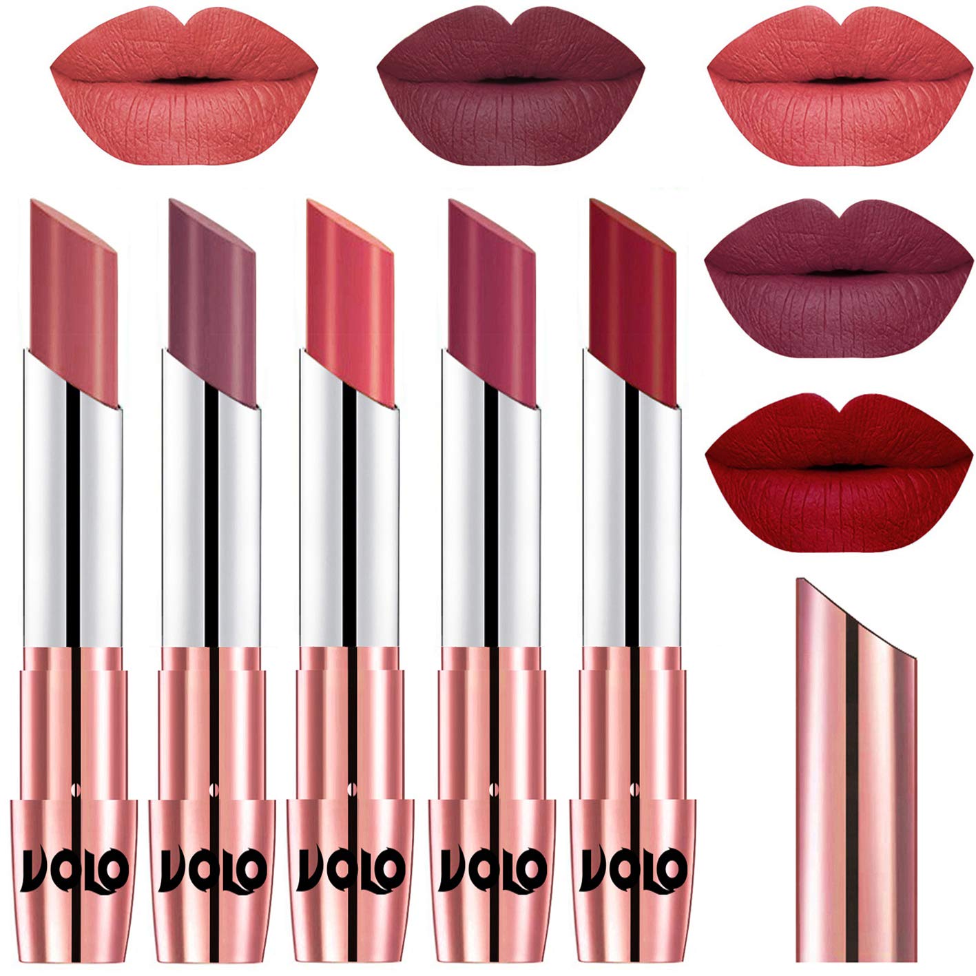 VOLO Matte Lipstick Set - Light, Plum, Dark Peach, Rose Pink, Red | Long-Lasting & Highly Pigmented | Perfect for Everyday Wear, Parties & Special Occasions