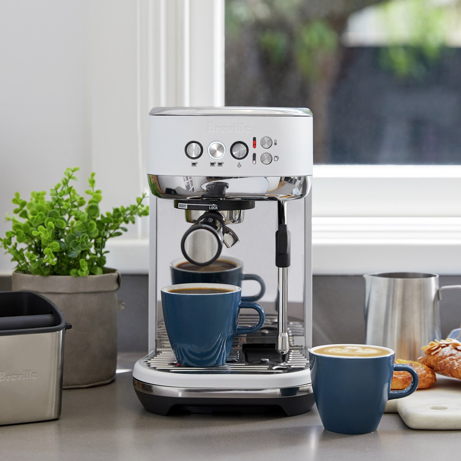 Breville Bambino Plus Automatic Espresso Machine with Milk Frother - Sea Salt White (BES500SST1BCA1) | Compact Barista-Quality Espresso for Home, Office & Small Spaces