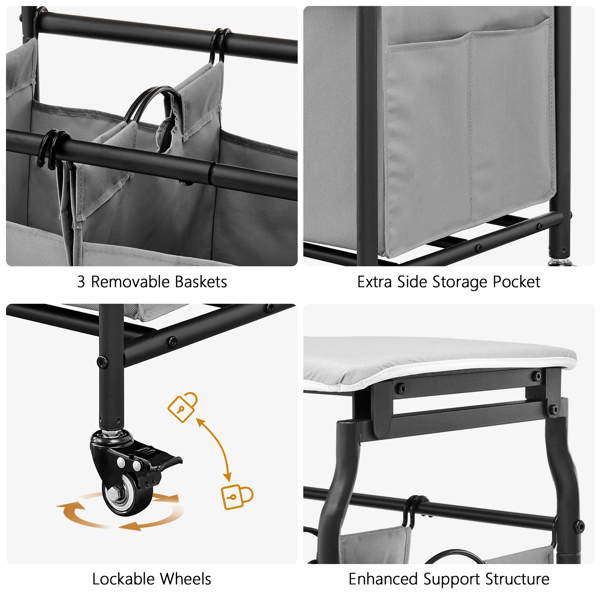 Hoctieon 3-Section Laundry Sorter Cart with Ironing Board & Removable Bags - Heavy Duty Rolling Laundry Hamper with Shelf & Wheels - Large Laundry Basket Organizer for Bedroom, Laundry Room & Dorm - Gray