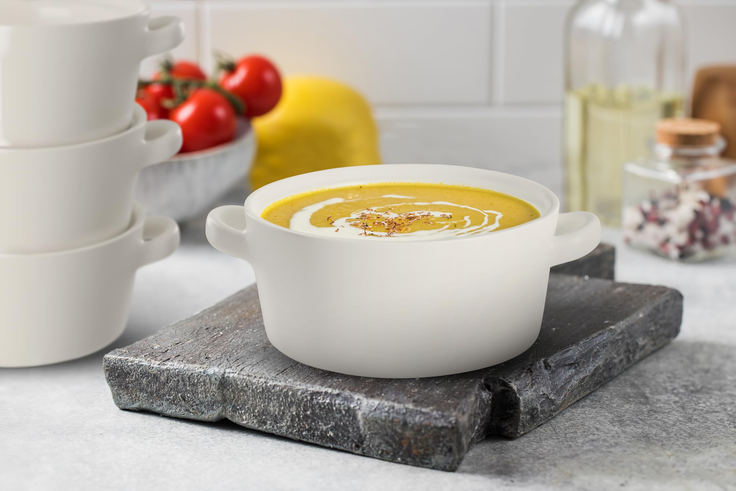 Kook Soup Crocks - Set of 4 Stackable Ceramic Bowls (23.6 oz Each) | Oven, Broiler, Microwave & Dishwasher Safe | Matte White with Handles | Perfect for Casseroles, Pasta, Cereal & Soup | Ideal for Family Dinners, Meal Prep & Entertaining
