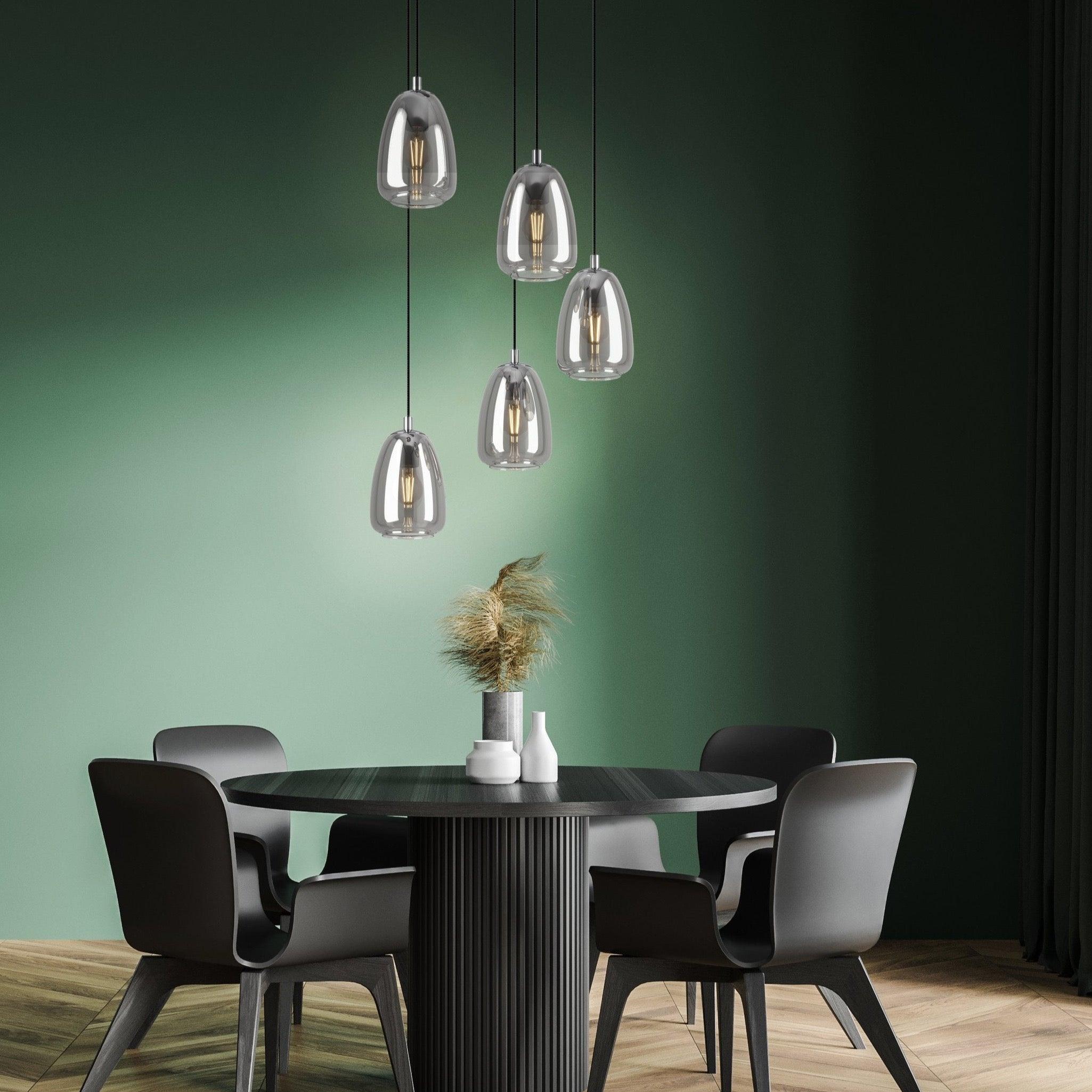 Eglo Alobrase 5-Light Chrome & Smoked Black Glass Ceiling Pendant Light Fixture - Perfect for Dining Room, Kitchen Island or Entryway Lighting