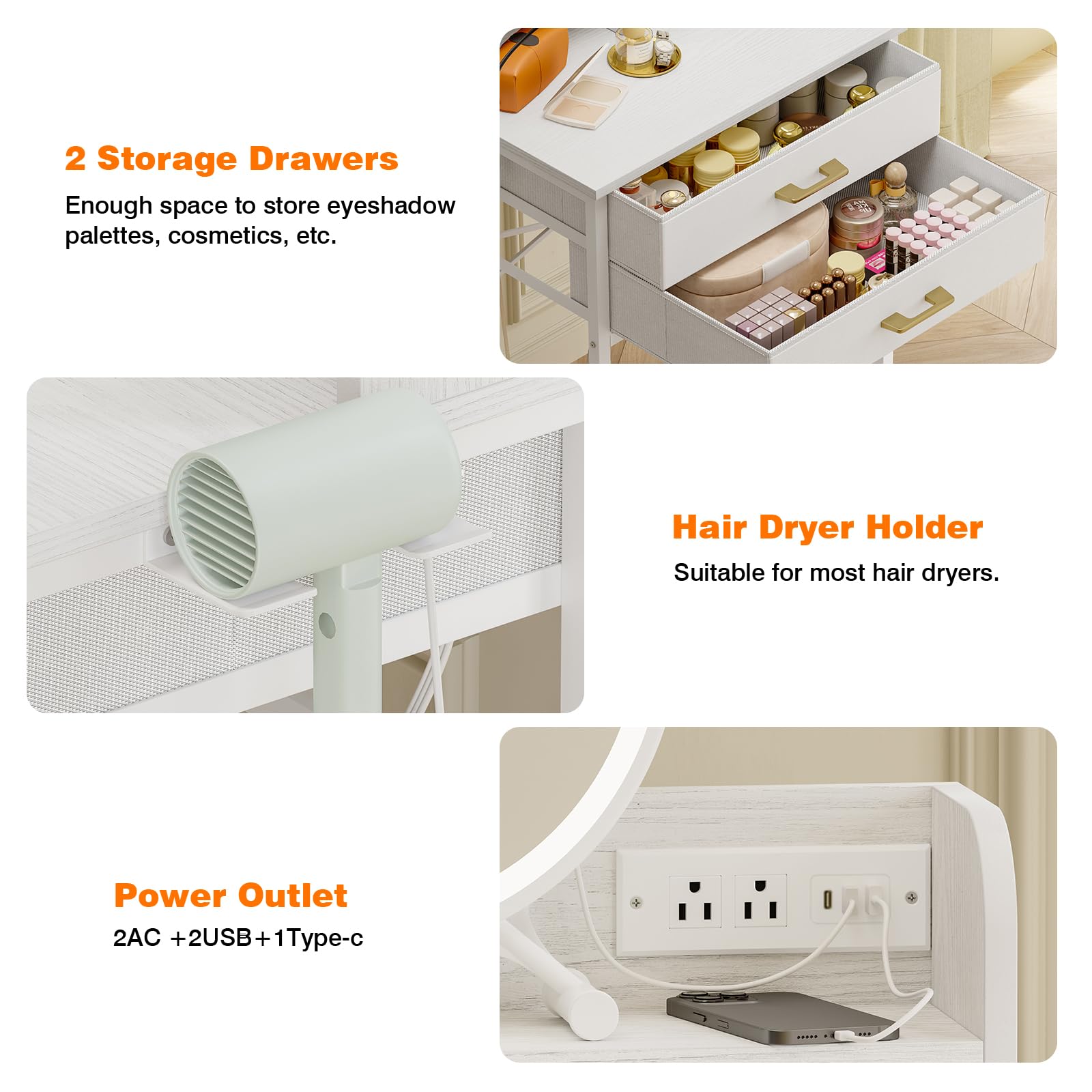 Fixwal White Small Vanity Desk Set with Lighted Mirror & Chair, Makeup Dressing Table with 2 Fabric Drawers & Power Outlet, Compact Vanity Table with Cushioned Stool for Small Bedroom Spaces - Perfect for Makeup, Skincare & Jewelry Organization