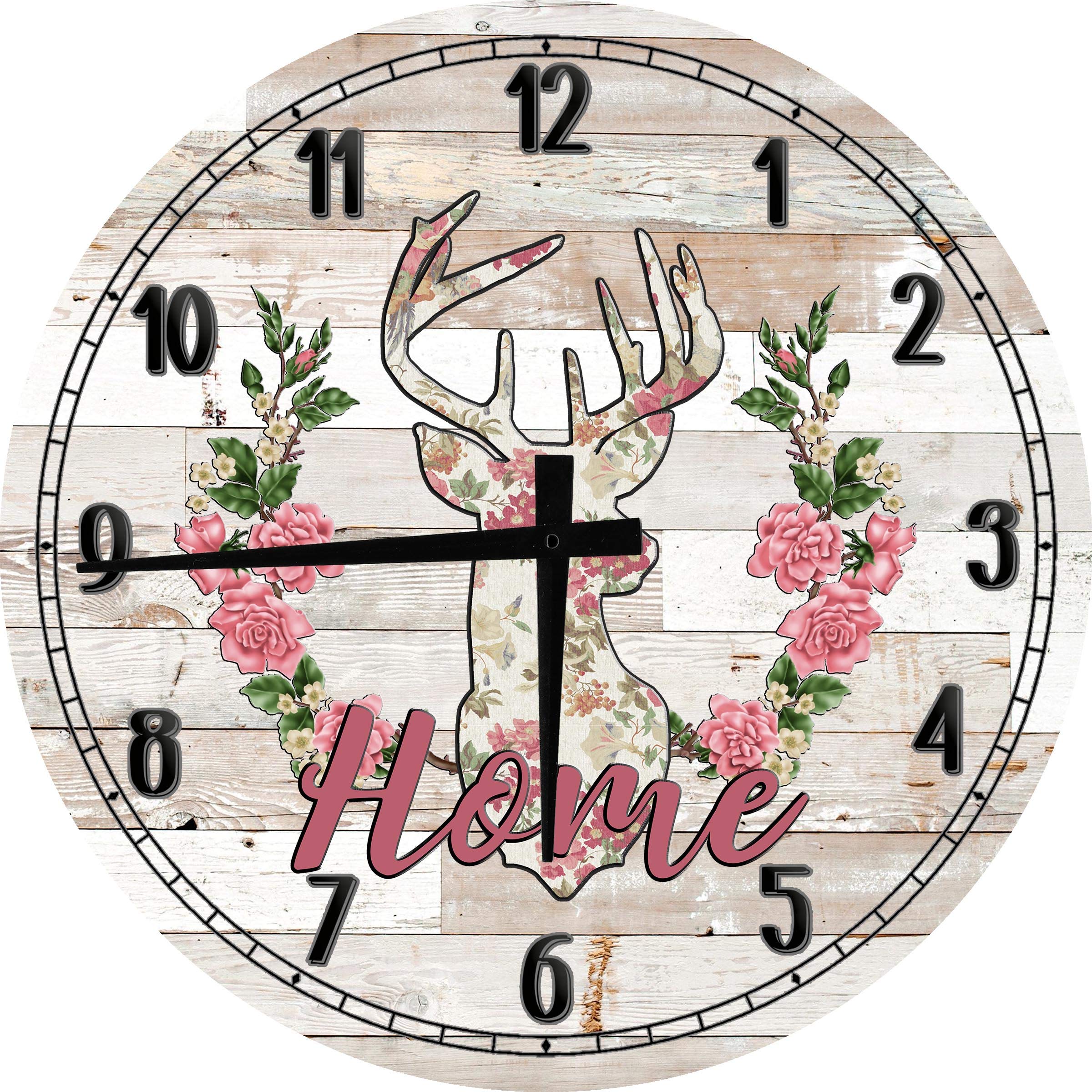 Boho Wall Art Decor - 18 Inch Large Round Wood Wall Clock with Deer, Flower & Reef Design in White - Perfect for Living Room, Bedroom & Boho Home Decor