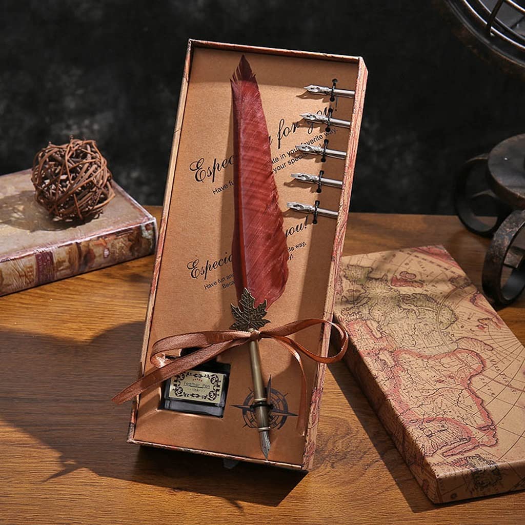 Vintage Feather Pen Set - Elegant Dip Ink Fountain Pen with Gift Box, Wedding & Birthday Stationery Supplies for Calligraphy, Journaling, and Special Occasions (1 Set, Color B)