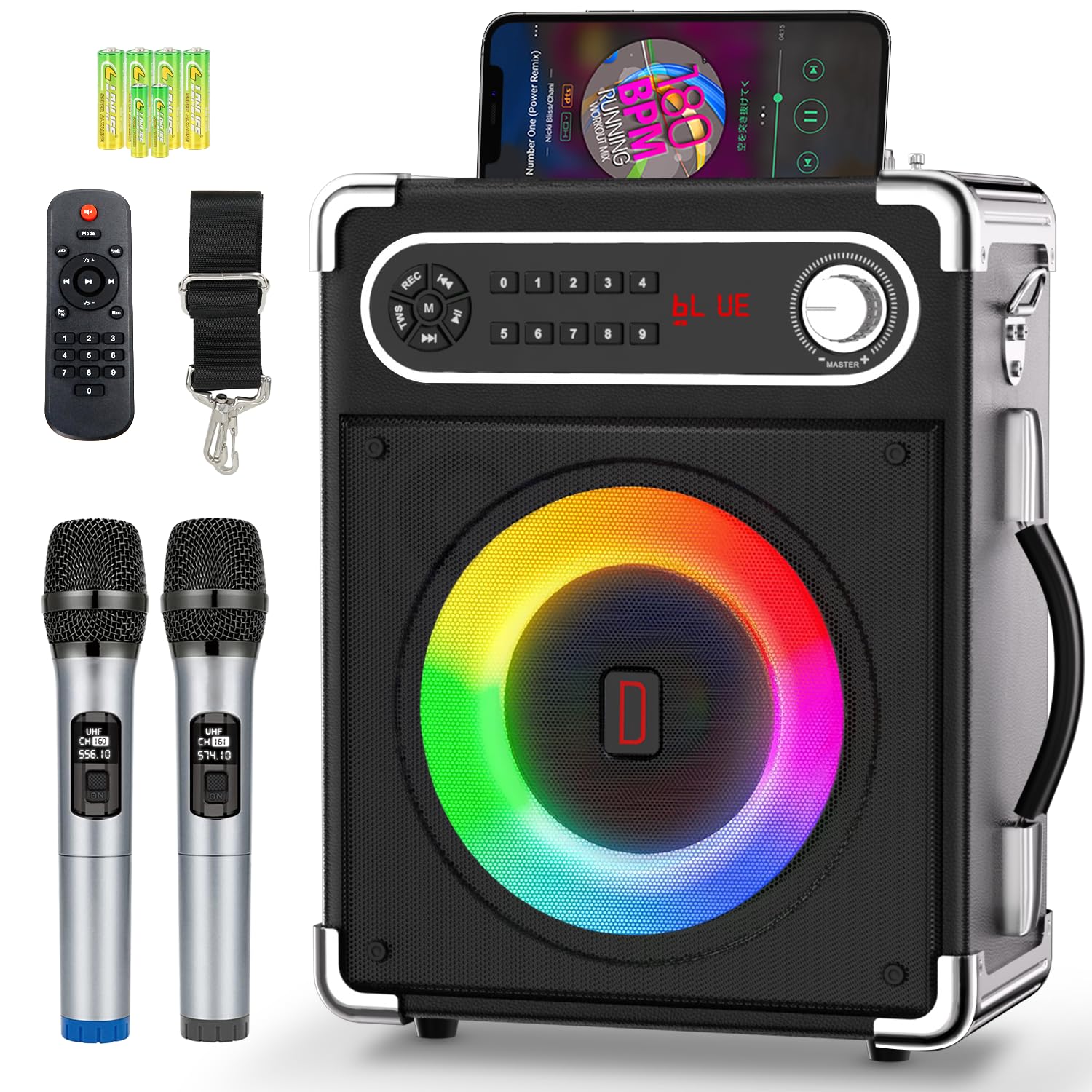 Portable Karaoke Machine with 2 Wireless Microphones - Bluetooth 5.1 Speaker with Bass/Treble Control, PA System, Remote, LED Lights, TF/USB/AUX Input, TWS, FM Radio, Recording for Home Parties, Family Gatherings & Outdoor Events