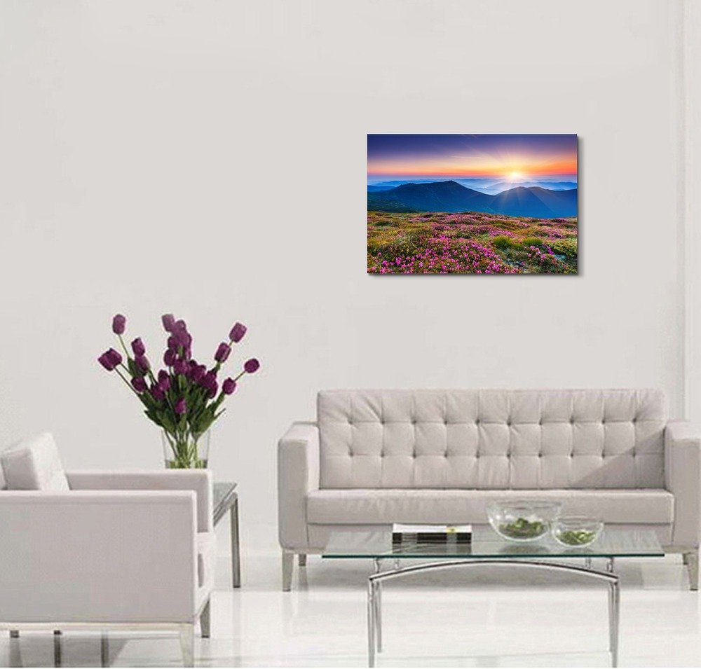 Wall26 Stretched Canvas Wall Art - Pink Rhododendron Flowers on Summer Mountain Landscape Print, Modern Home Decor Gallery Wrap Giclee (32x48 inches) - Perfect for Living Room, Bedroom & Office Decor