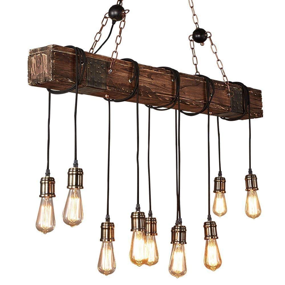 Vintage Industrial Farmhouse Chandelier - 10-Light Wooden Hanging Pendant Lighting Fixture for Kitchen Island, Dining Room, Bedroom & Living Room - 43.31