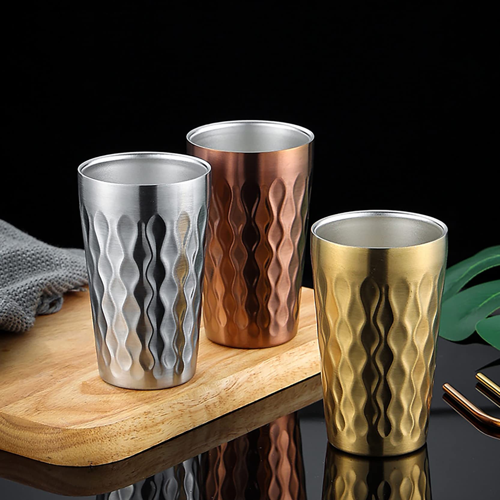 4-Piece Stainless Steel Golden Cups Set (15oz, 12oz, 10oz, 6oz) - Double Walled Insulated Iced Tea Mugs, Beer Glasses & Metal Coffee Cups for Hot & Cold Drinks - Perfect for Indoor, Outdoor, Camping, Parties & Home Use