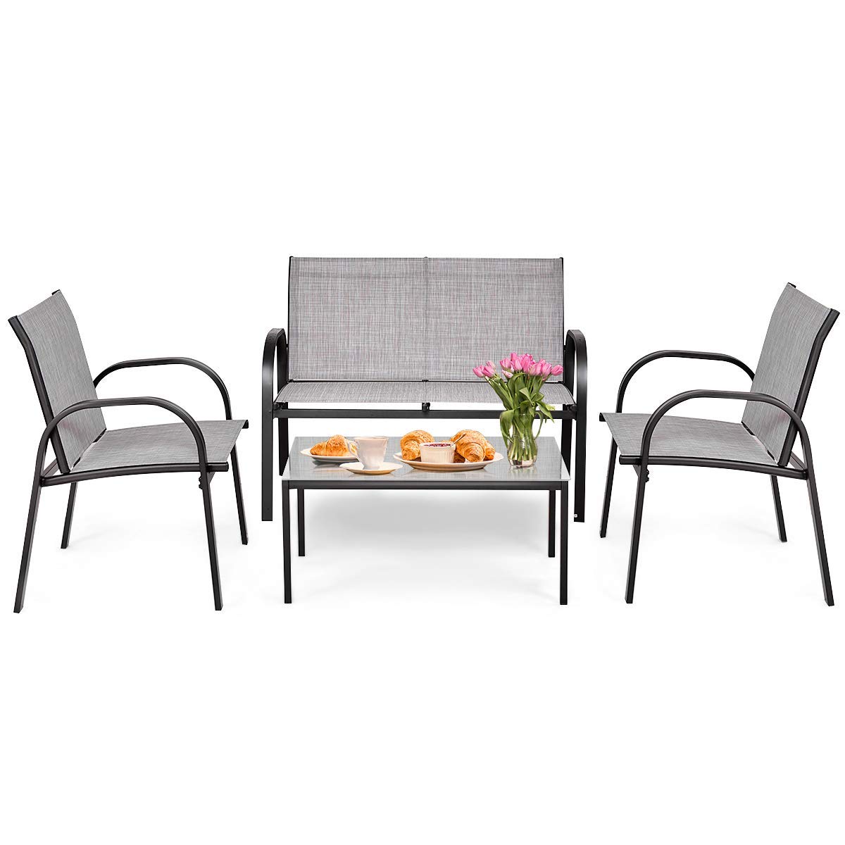 4-Piece Modern Patio Furniture Set with Metal Frame, Loveseat & Tempered Glass Table - Outdoor Conversation Set for Yard, Garden, Poolside, Backyard (Grey) HY-022 | Perfect for Relaxing, Entertaining & Outdoor Dining