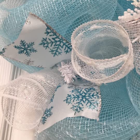 Handmade Frozen Winter Deco Mesh Wreath with Snowballs - Christmas Door Decor, Holiday Home Decoration, Seasonal Front Porch Decor for Winter & Xmas