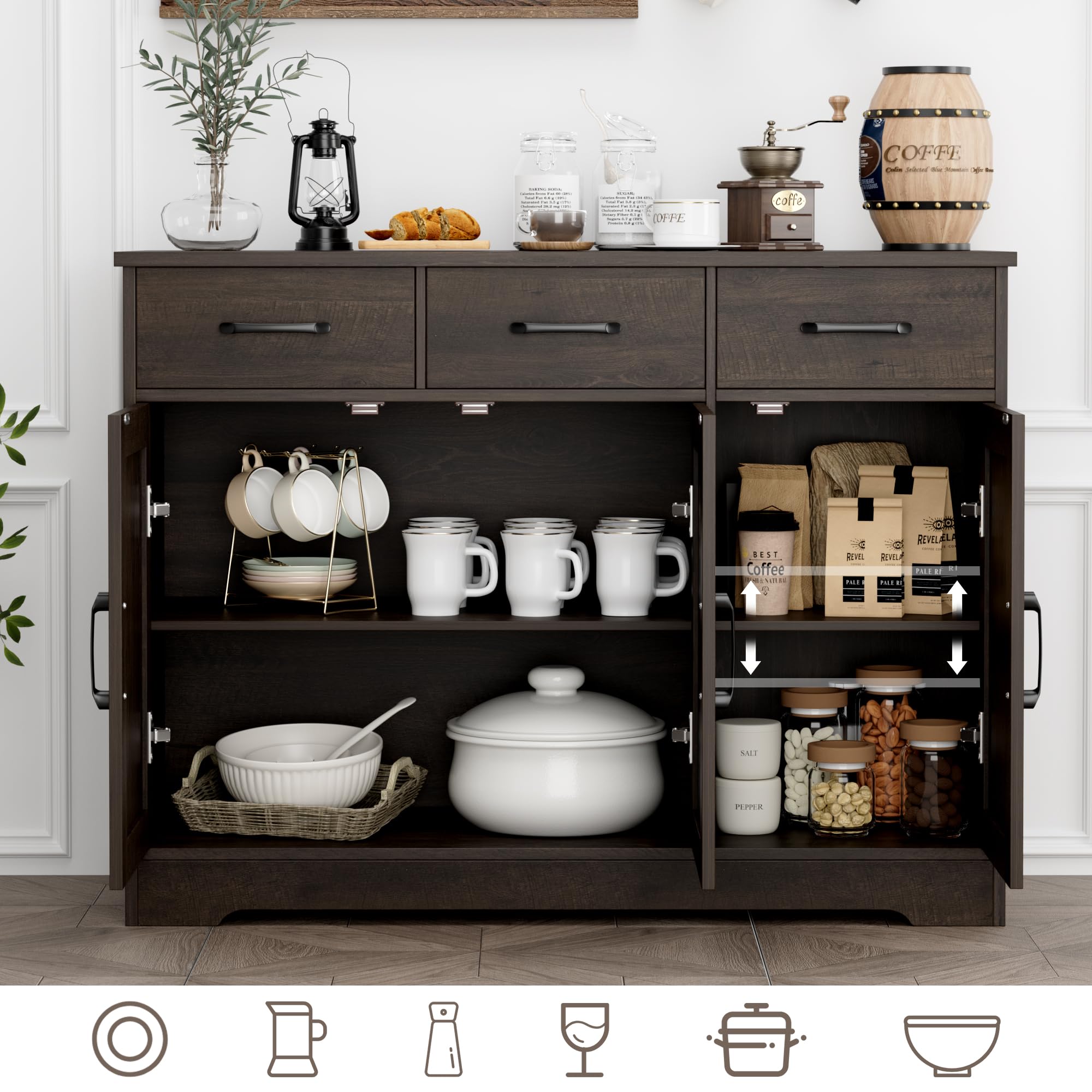 Modern Farmhouse Buffet Sideboard Cabinet with Barn Doors - Wood Storage Cabinet with Drawers & Shelves for Dining Room, Kitchen, Living Room - Dark Brown Coffee Bar Organizer for Home Decor & Entertaining