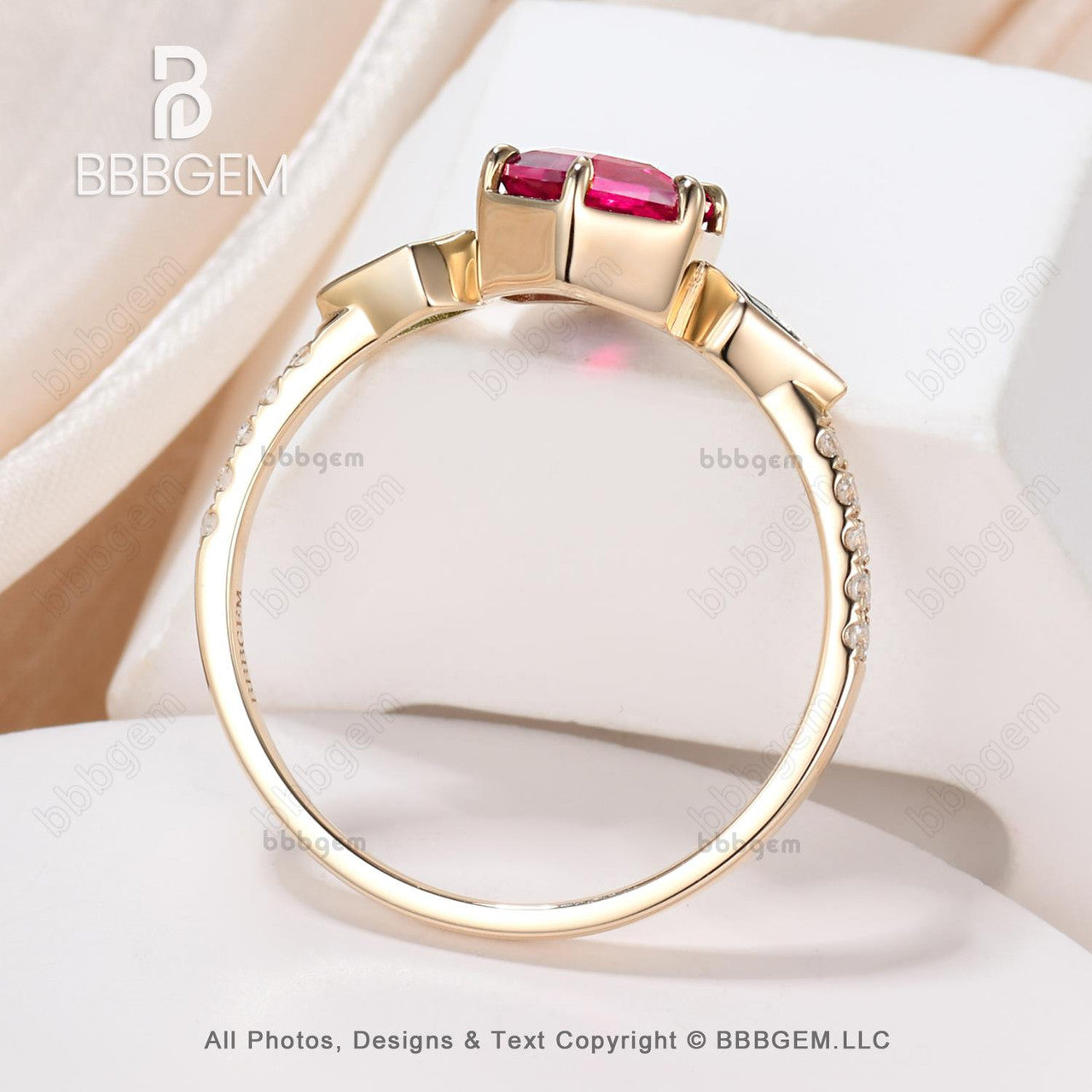 Vintage Hexagon Lab Ruby & Emerald Engagement Ring for Women - Silver 3 Stone Kite Cut Side Stones, Perfect for Weddings, Anniversaries & Special Occasions
