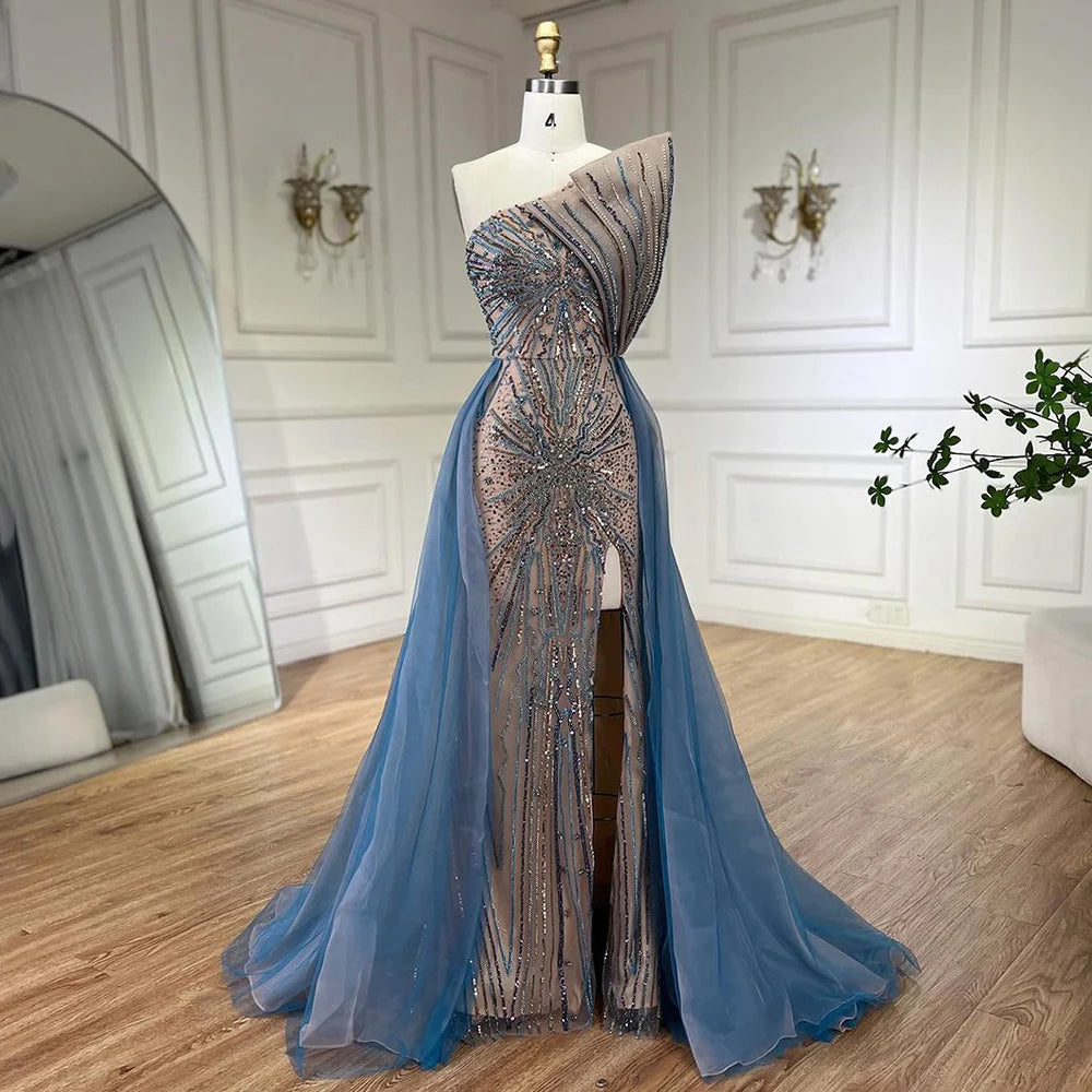 Luxury Beaded Mermaid Evening Dress with Overskirt - Serene Hill Blue High Slit Dubai Wedding Party Gown for Women 2025 | Elegant Formal Wear for Red Carpet, Gala & Special Occasions